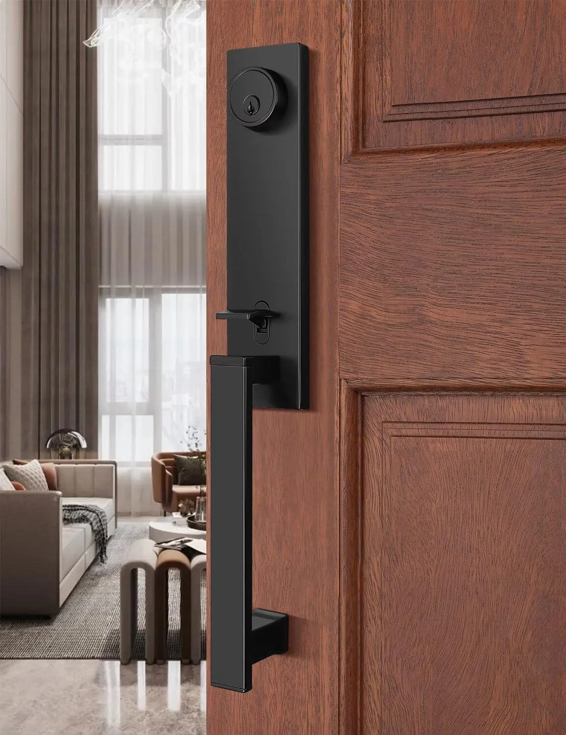 دستگیره و قفل درب ورودی کامل، دستگیره اهرمی و قفل زبانه باریک مربعی تک سیلندر، مقاوم - رنگ مشکی مات دستگیره و قفل درب ورودی کامل، دستگیره اهرمی و قفل زبانه باریک مربعی تک سیلندر، مقاوم - رنگ مشکی مات