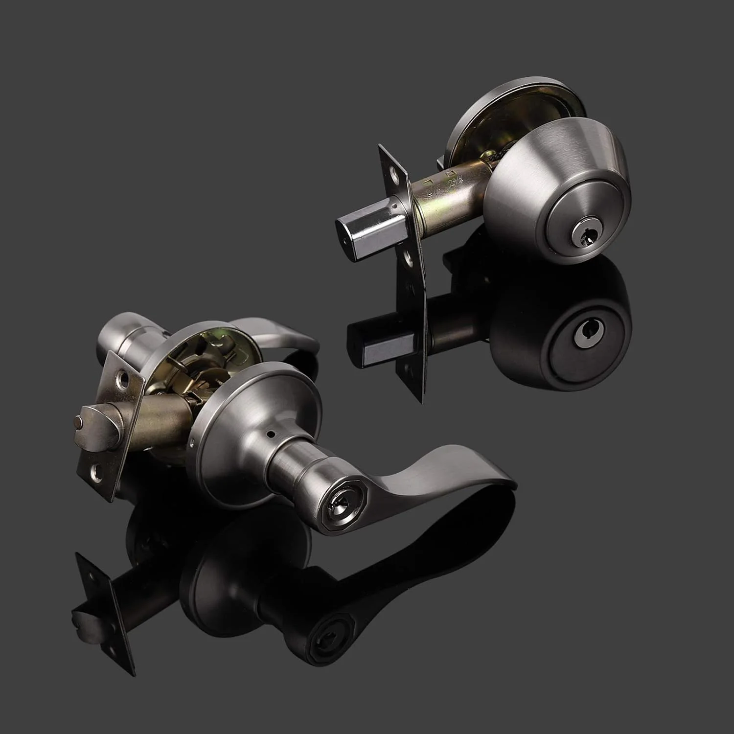 دستگیره درب ورودی مدل موجی پروبریکو با قفل ددبولت، سیلندر دوبل، ست 2 عددی نقره ای DL12061ET-102SN-Combo-2Pack