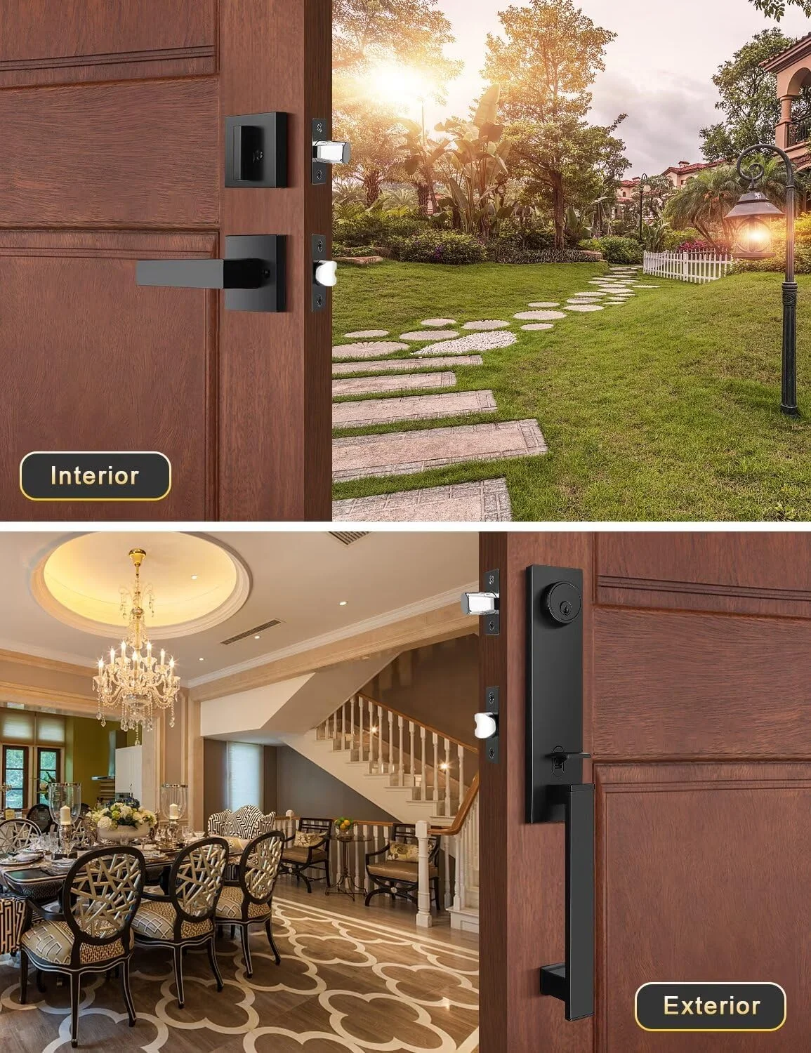 دستگیره و قفل درب ورودی کامل، دستگیره اهرمی و قفل زبانه باریک مربعی تک سیلندر، مقاوم - رنگ مشکی مات