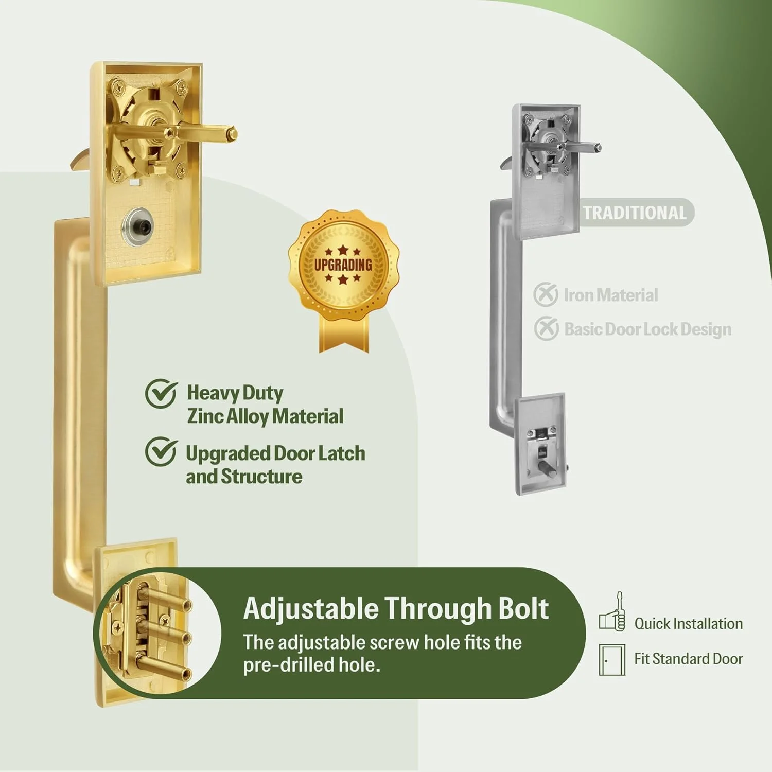 دستگیره درب ورودی Moquin مدل Square Front، دستگیره درب ورودی سنگین با کلید، قفل درب بیرونی با زبانه قفل تک سیلندر، قفل درب برگشت پذیر برنجی ساتن برای درب راست و چپ