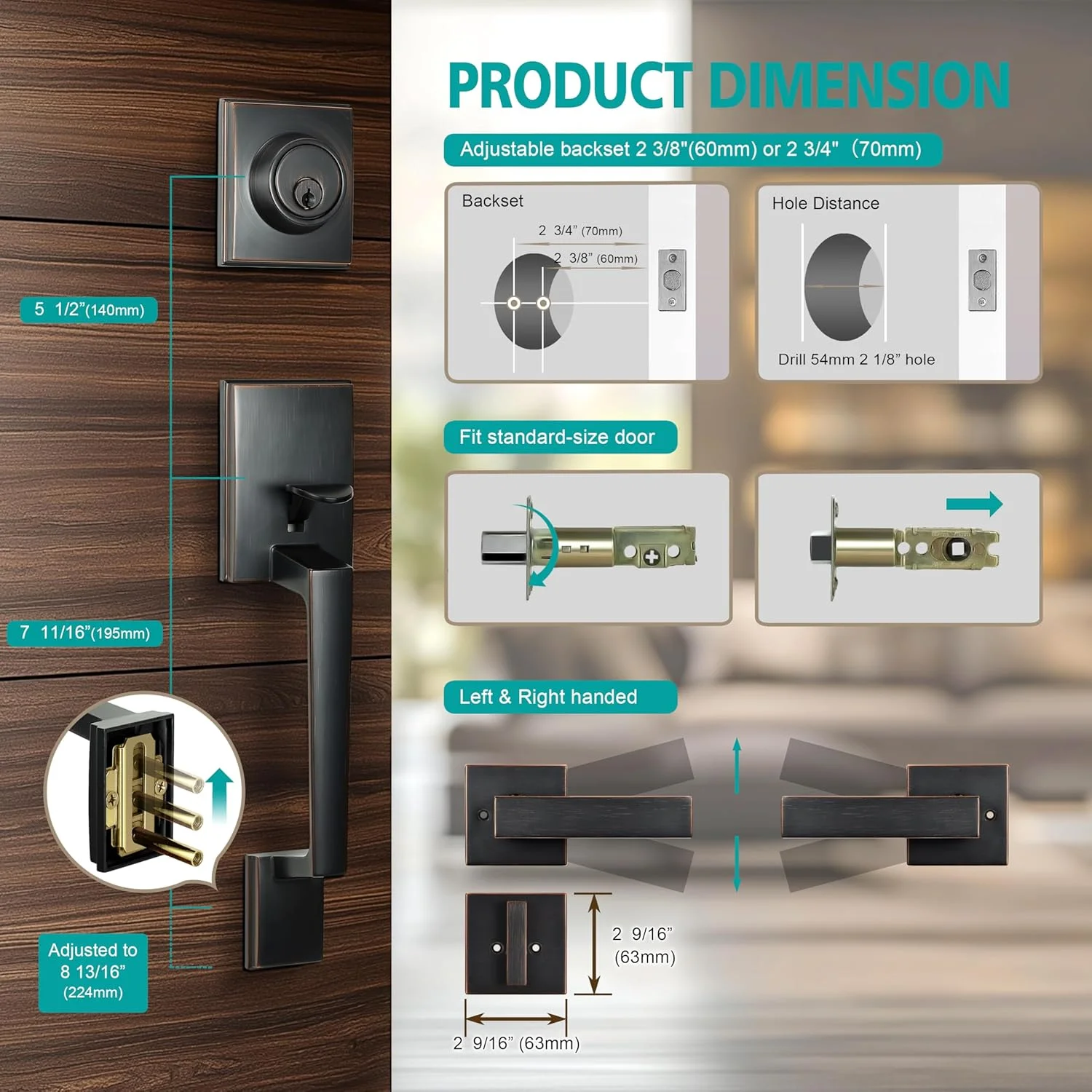 دستگیره درب ورودی سنگین TOGU HS14D-L01 با دستگیره اهرمی، قفل درب ورودی محکم برای درب های بیرونی منزل، نصب آسان، روکش برنز روغنی
