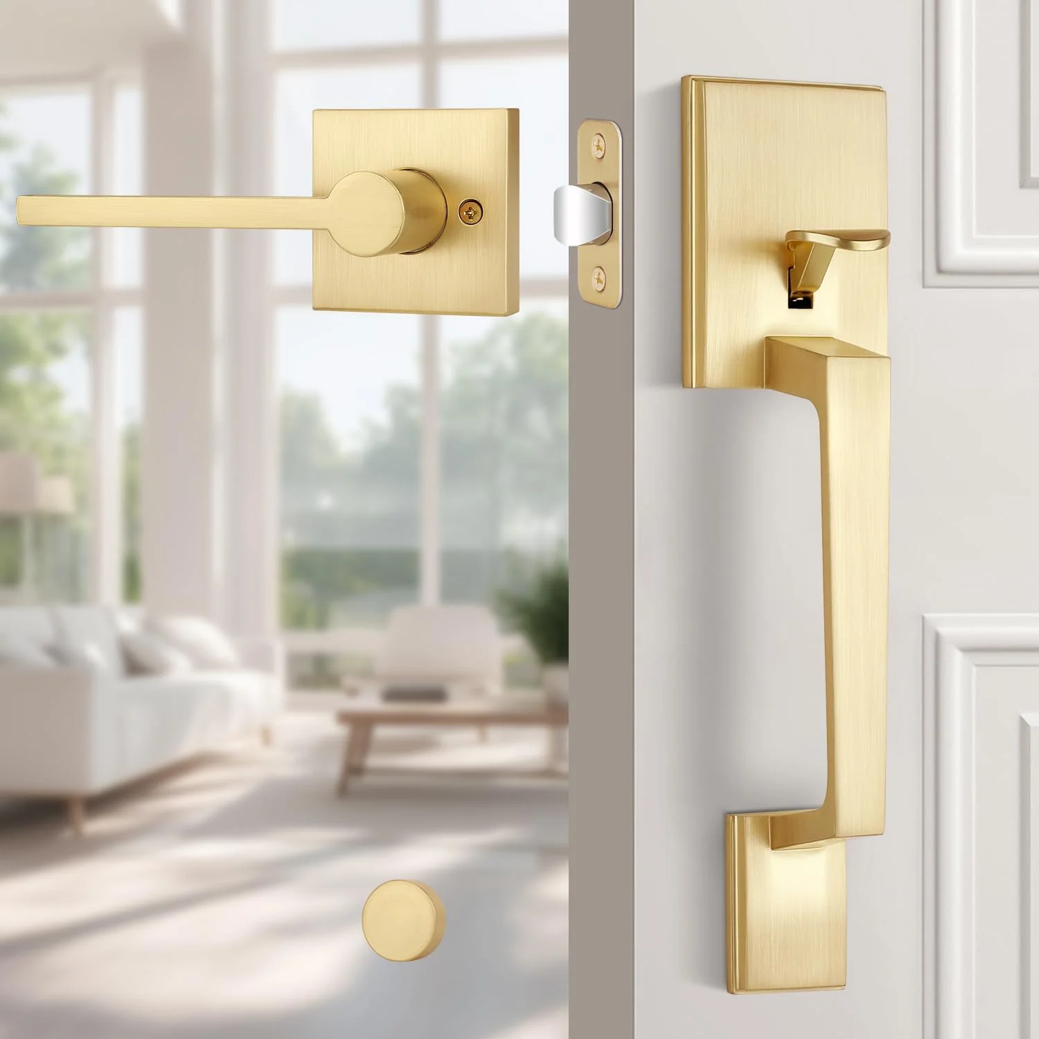 دستگیره درب ورودی طلایی EHOMEWARE، دستگیره درب بیرونی بدون قفل، دستگیره سنگین درب ورودی، اهرم درب برگشت پذیر برای درب های چپ/راست، روکش برنجی ساتن دستگیره درب ورودی طلایی EHOMEWARE، دستگیره درب بیرونی بدون قفل، دستگیره سنگین درب ورودی، اهرم درب برگشت پذیر برای درب های چپ/راست، روکش برنجی ساتن