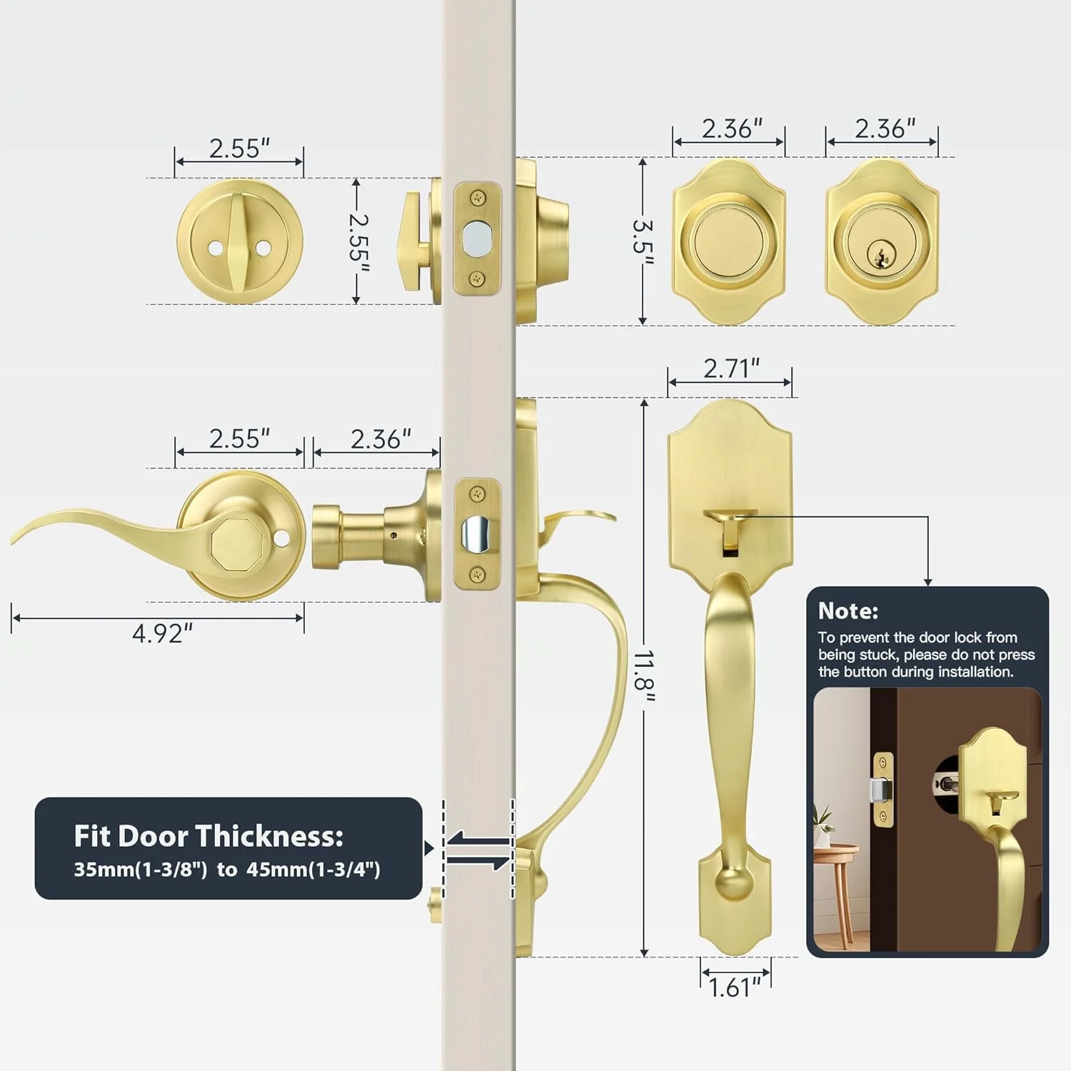 دستگیره درب ورودی دوتایی Gaurqiah با قفل Deadbolt – ست دستگیره ورودی کلاسیک طلایی برس خورده با دستگیره ثابت، اهرم برگشت پذیر، آلیاژ روی، ست قفل بیرونی، برنج ساتن