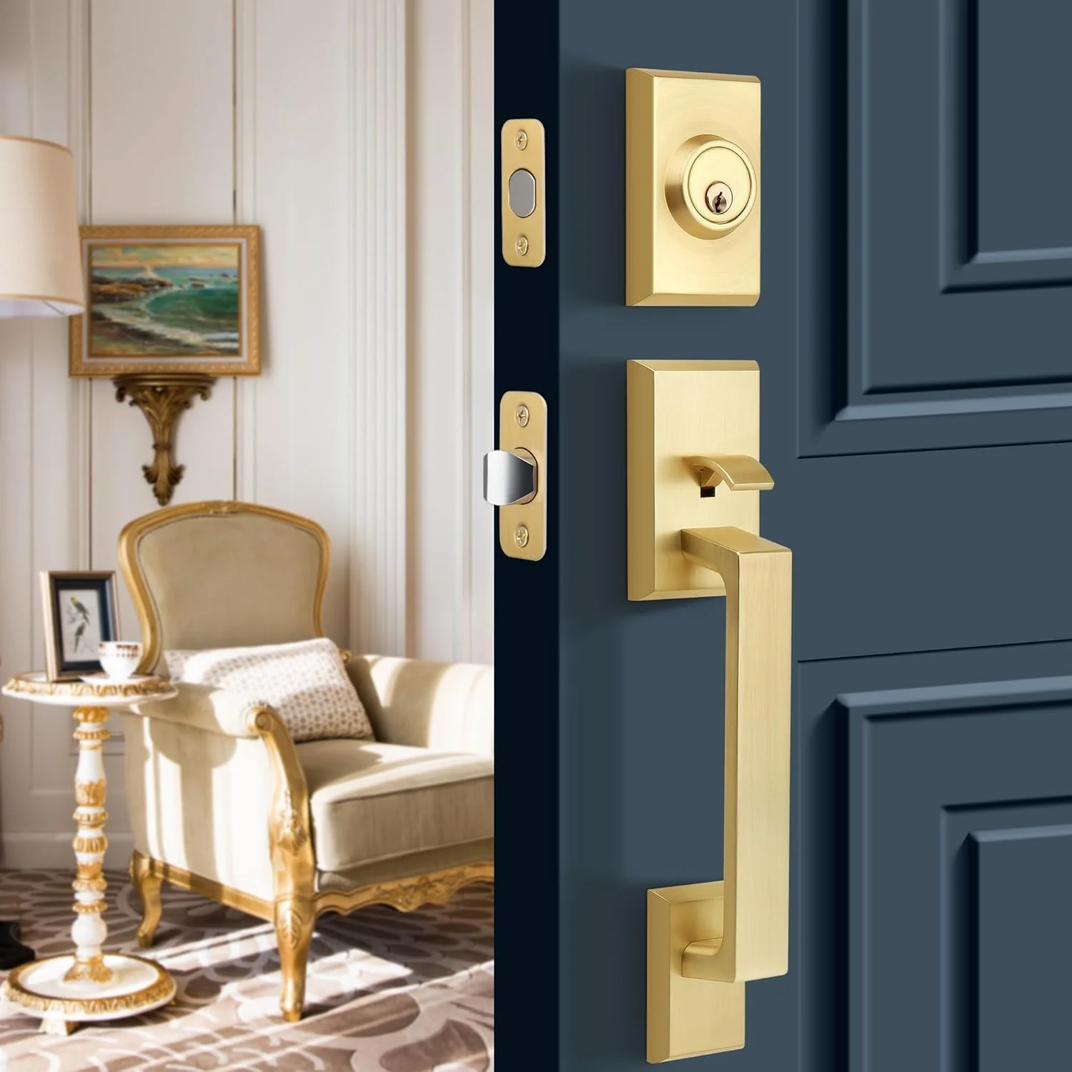 دستگیره طلایی مات Gaurqiah، دستگیره ورودی درب جلو با دوام و قفل زبانه دار، مناسب برای درب های بیرونی، دستگیره سیلندر تکی برگشت پذیر برای سمت راست و چپ، رنگ برنجی ساتن