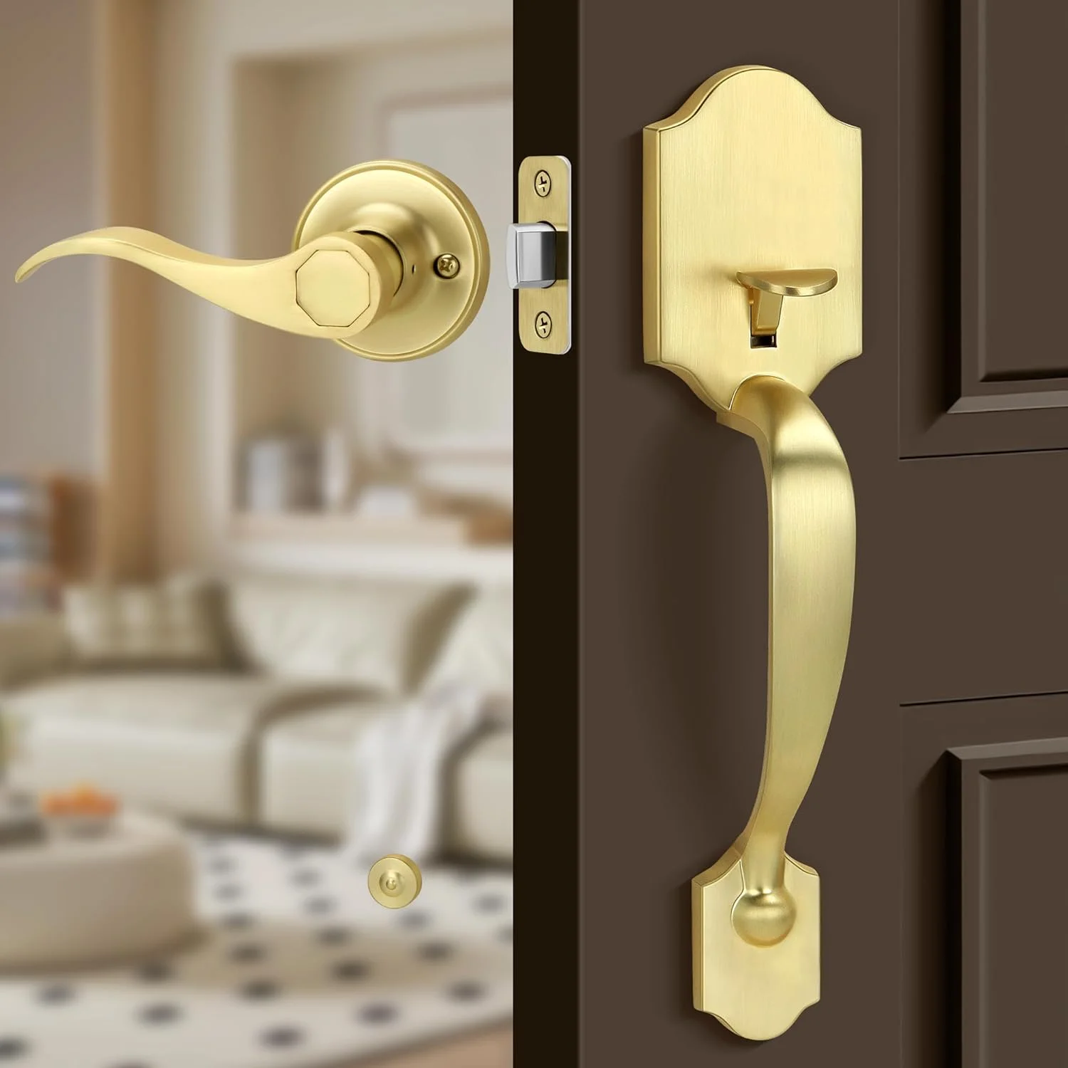 دستگیره درب ورودی طلایی Gaurqiah به همراه اهرم عبوری، قفل مرکزی شامل نمی شود، دستگیره درب بیرونی برای سیلندر تکی یا قفل های مرکزی هوشمند، برنجی ساتن دستگیره درب ورودی طلایی Gaurqiah به همراه اهرم عبوری، قفل مرکزی شامل نمی شود، دستگیره درب بیرونی برای سیلندر تکی یا قفل های مرکزی هوشمند، برنجی ساتن