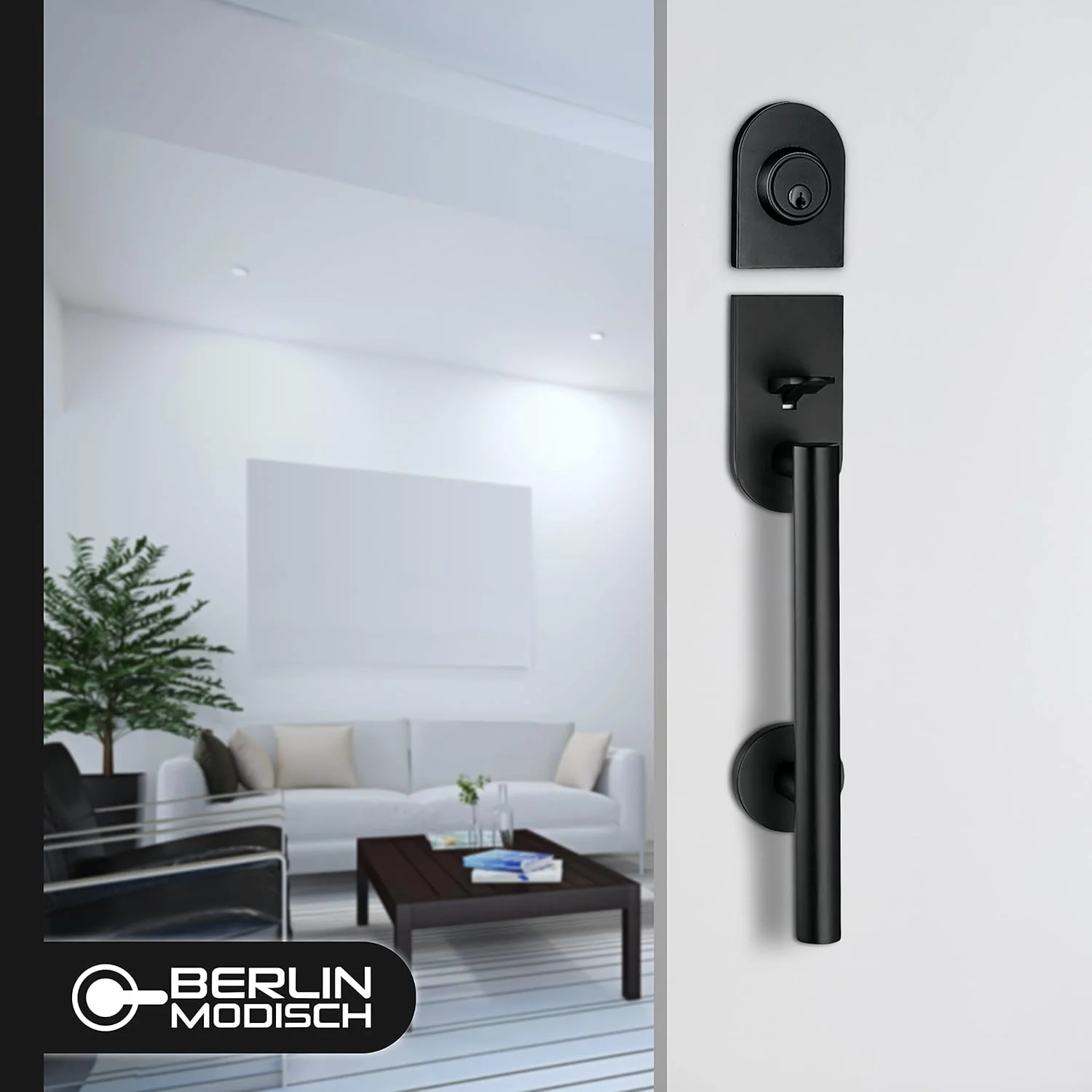 دستگیره ورودی درب جلو Berlin Modisch به همراه قفل و سیلندر تکی، اهرم گرد و بادوام - رنگ مشکی آهنی