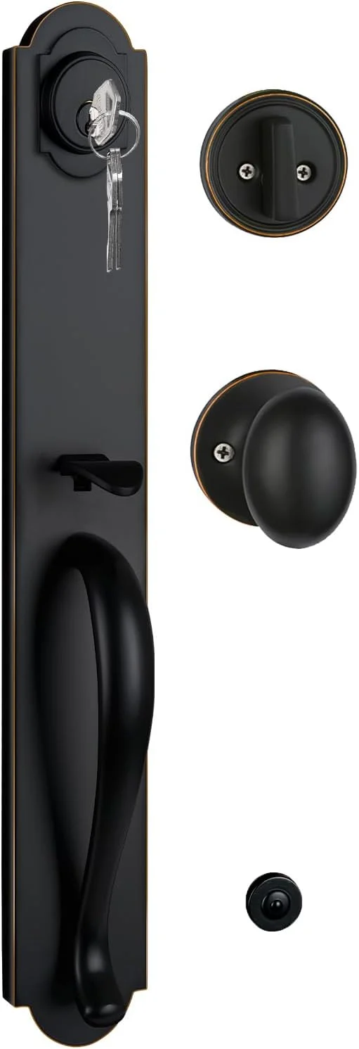 دستگیره درب کلیددار NEWBANG برای درب ورودی بیرونی، پرداخت شده با برنز قدیمی به همراه دستگیره اهرمی (ست دستگیره ورودی کلیددار)، MDHST201810B-knob