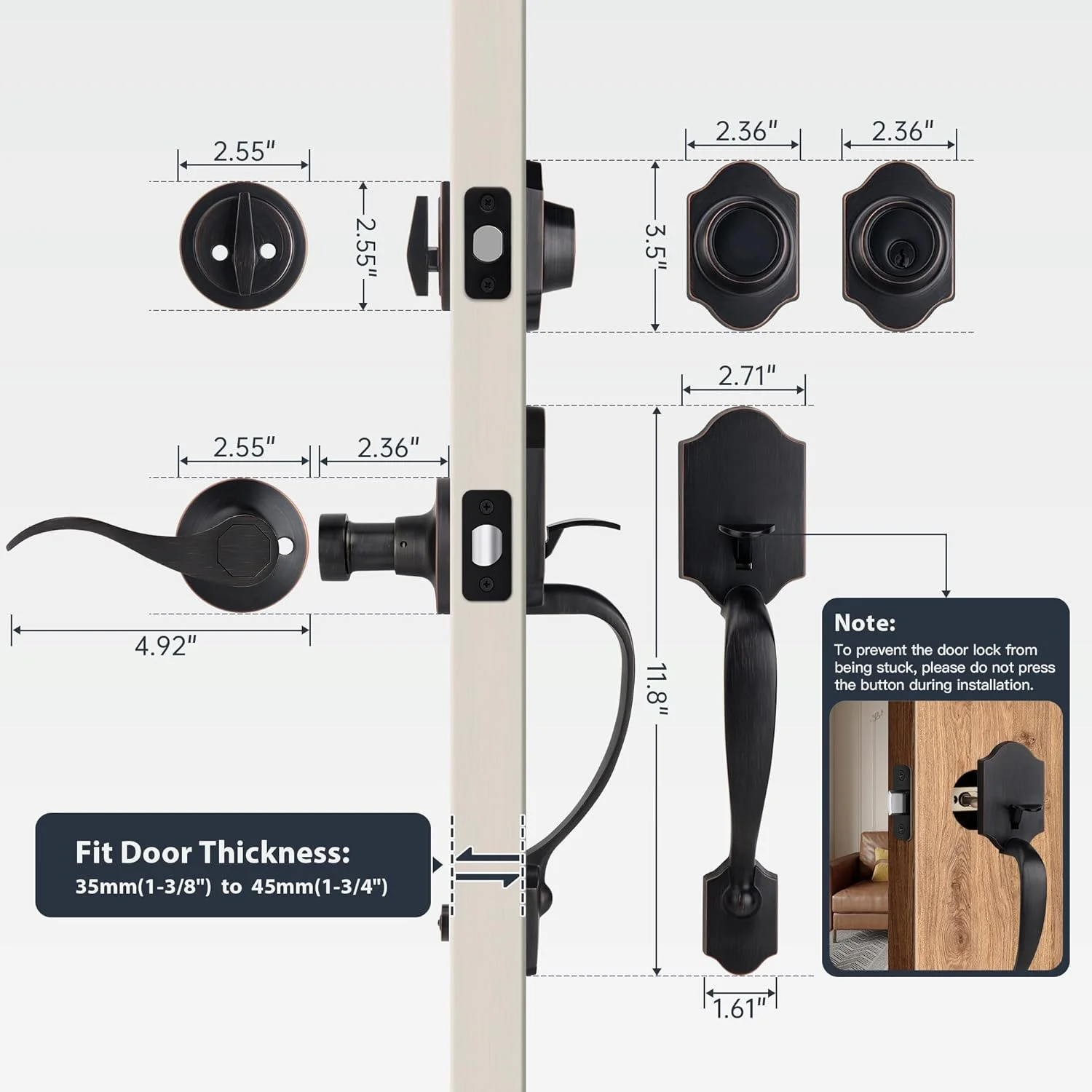دستگیره درب ورودی دوگانه Gaurqiah با قفل – دستگیره ورودی کلاسیک برنزی روغنی با اهرم برگشت پذیر، آلیاژ روی، ست قفل بیرونی