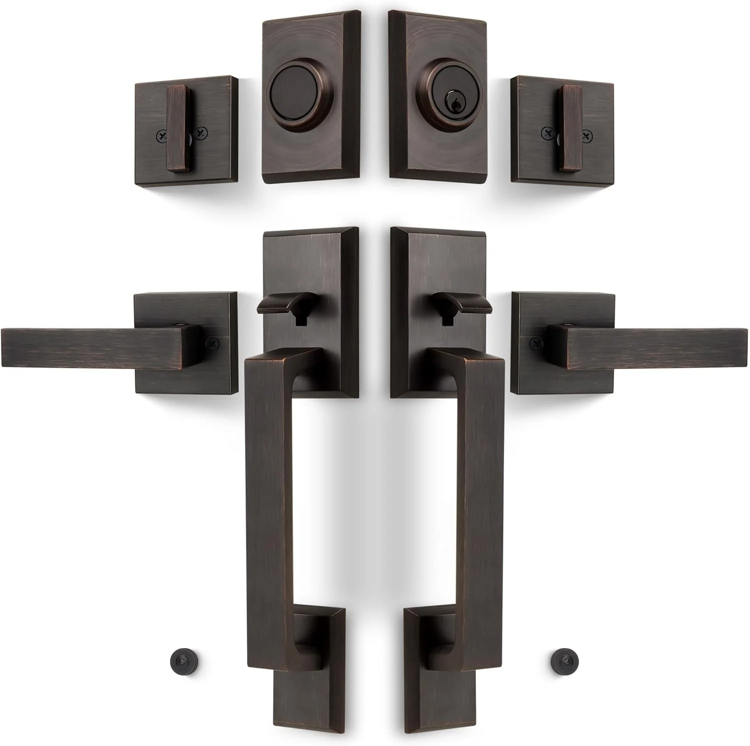 ست قفل درب ورودی دوتایی، دستگیره درب ورودی کلید دار با دستگیره ثابت، اهرم درب سنگین مربع و قفل سیلندر تکی، برنز روغنی