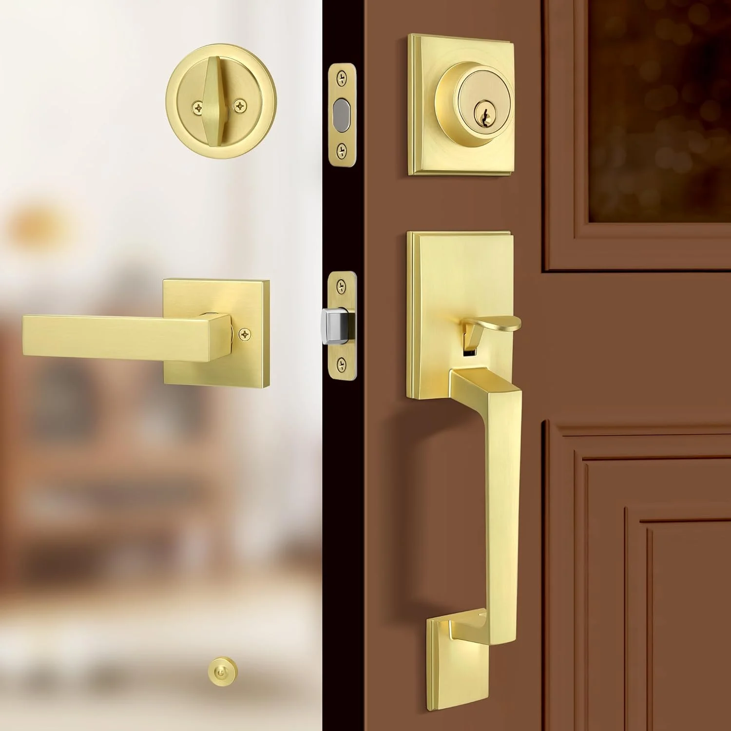 دستگیره درب ورودی برنجی ساتن Gaurqiah - قفل درب ورودی طلایی آلیاژ روی با اهرم برگشت پذیر، زبانه قابل تنظیم 60/70 میلی متر، مناسب برای درب های 1-3/8 اینچ تا 1-3/4 اینچ، قفل بیرونی طلایی برس خورده