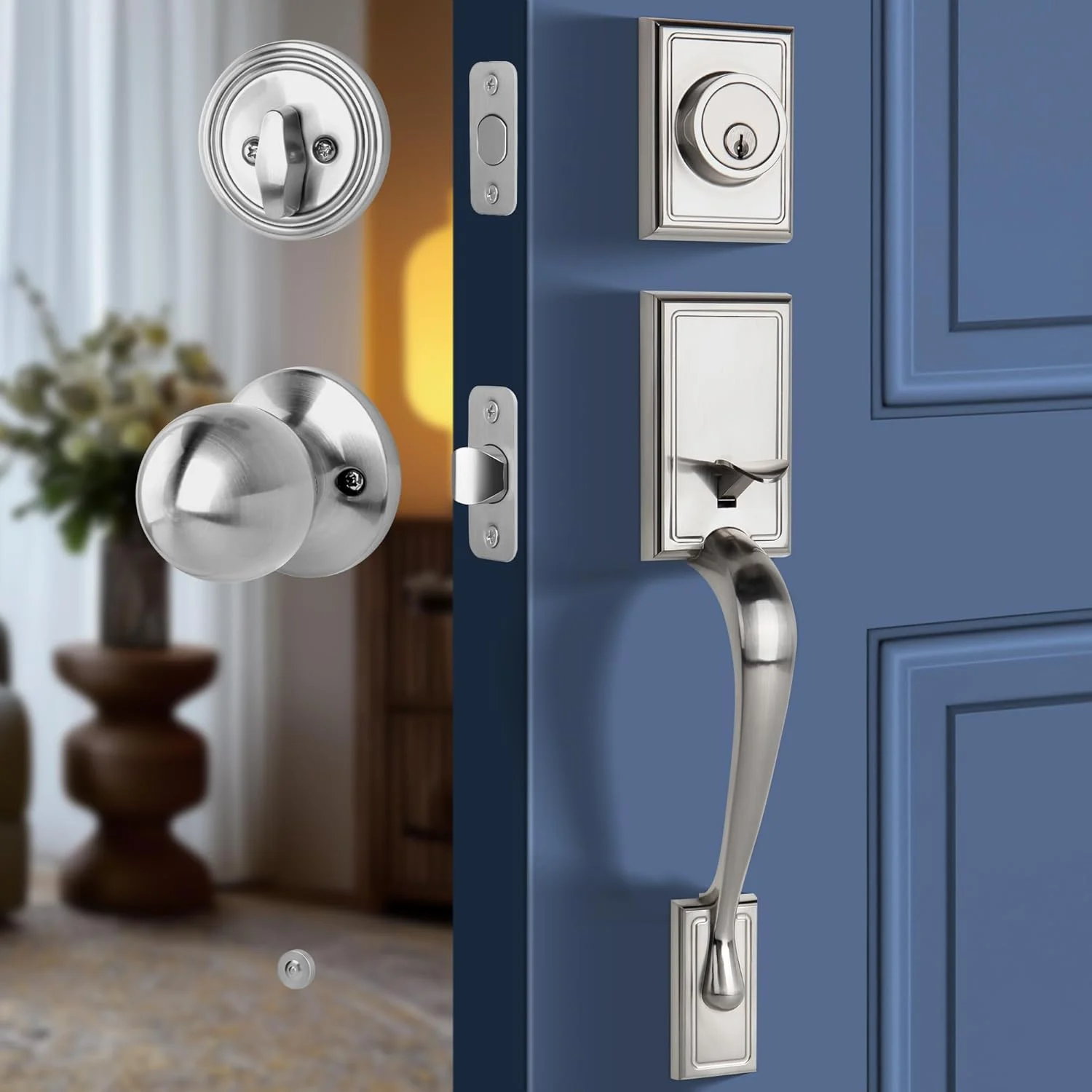 دستگیره درب ورودی Moquin، آلیاژ روی، دستگیره سنگین درب بیرونی با اهرم برگشت پذیر داخلی برای درب های چپ/راست، مشکی مات