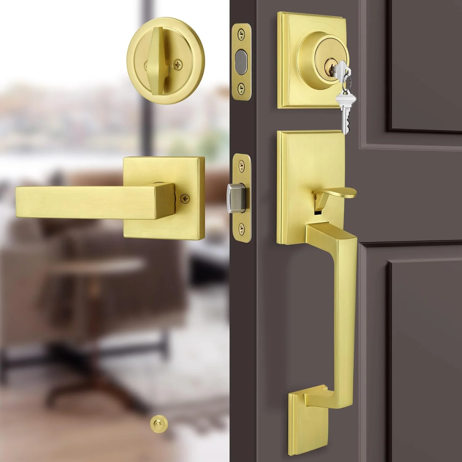 دستگیره در ورودی طلایی موکین، دستگیره سنگین آلیاژ روی با اهرم برگشت پذیر داخلی، قفل در ورودی طلایی برس خورده برای درهای چپ/راست، برنجی اطلسی