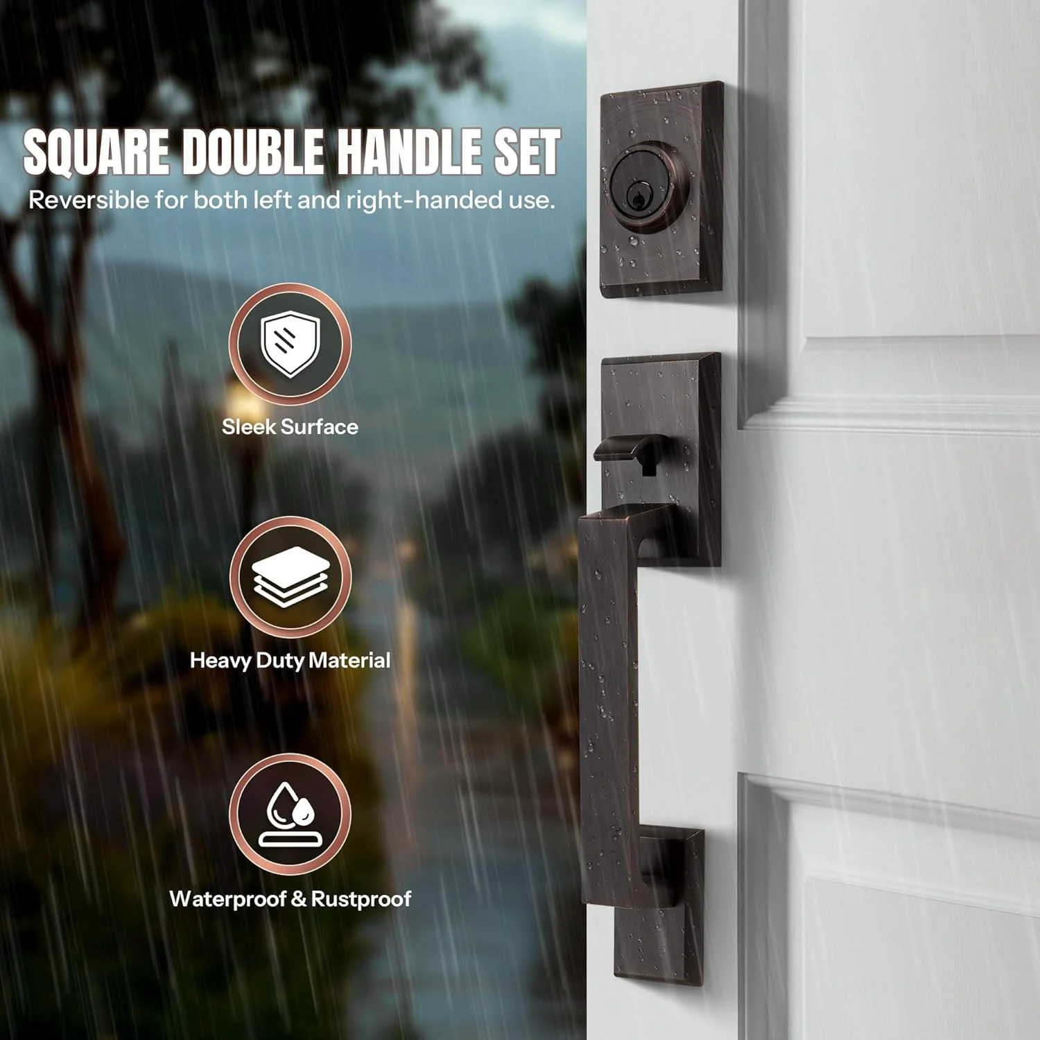 ست قفل درب ورودی دوتایی، دستگیره درب ورودی کلید دار با دستگیره ثابت، اهرم درب سنگین مربع و قفل سیلندر تکی، برنز روغنی