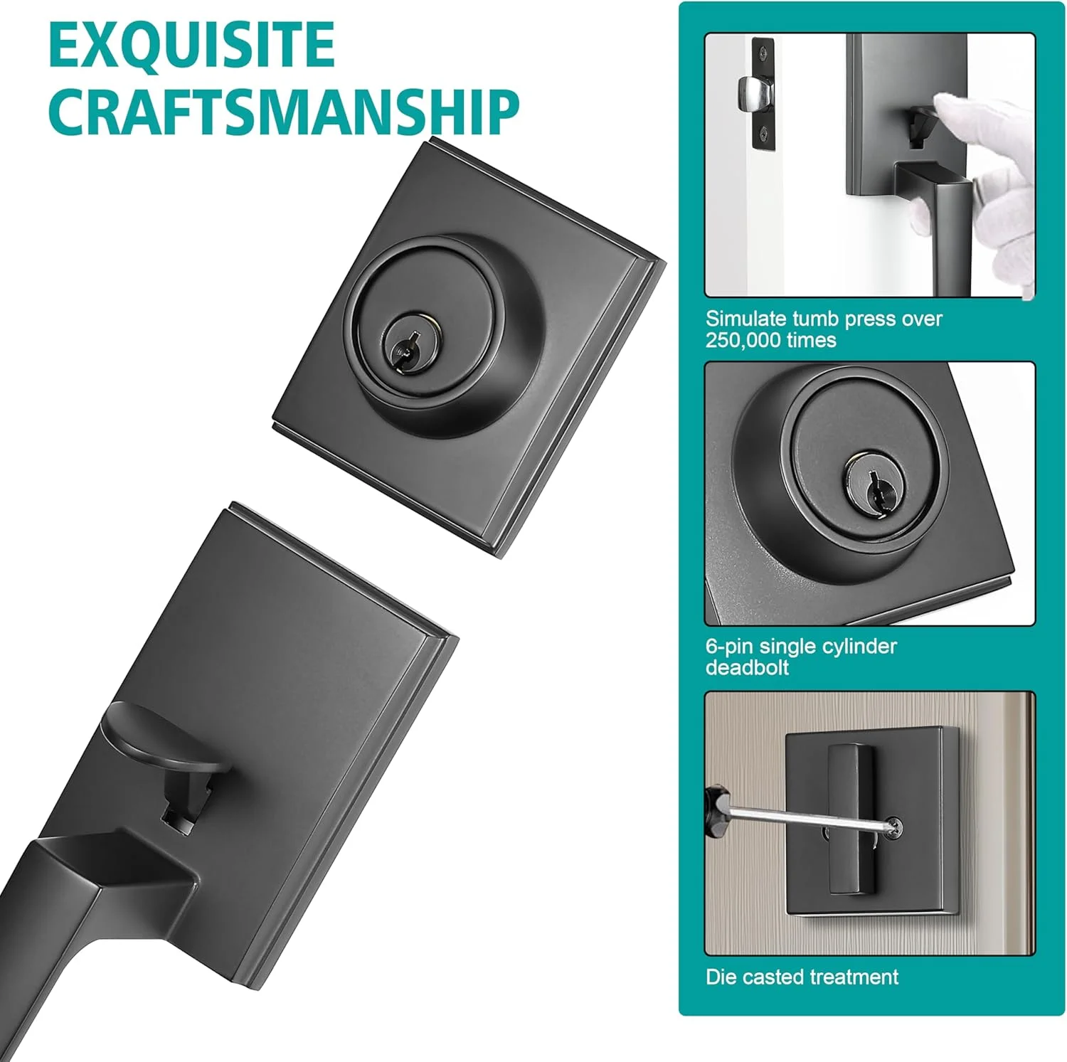 دستگیره اهرمی قفل درب ورودی سنگین TOGU HS14D-L65 با سیلندر تکی، دستگیره درب محکم برای درب های بیرونی منزل، نصب آسان، روکش مشکی مات