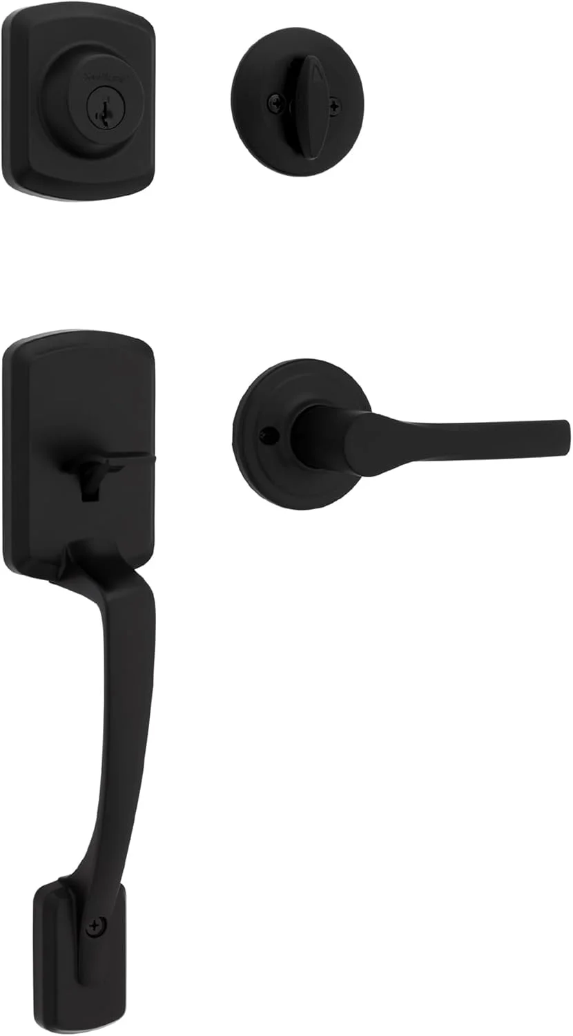 دستگیره و قفل درب ورودی مدل Henley Kwikset با اهرم برگشت پذیر داخلی، دارای فناوری امنیتی SmartKey و محافظت Microban، رنگ مشکی مات