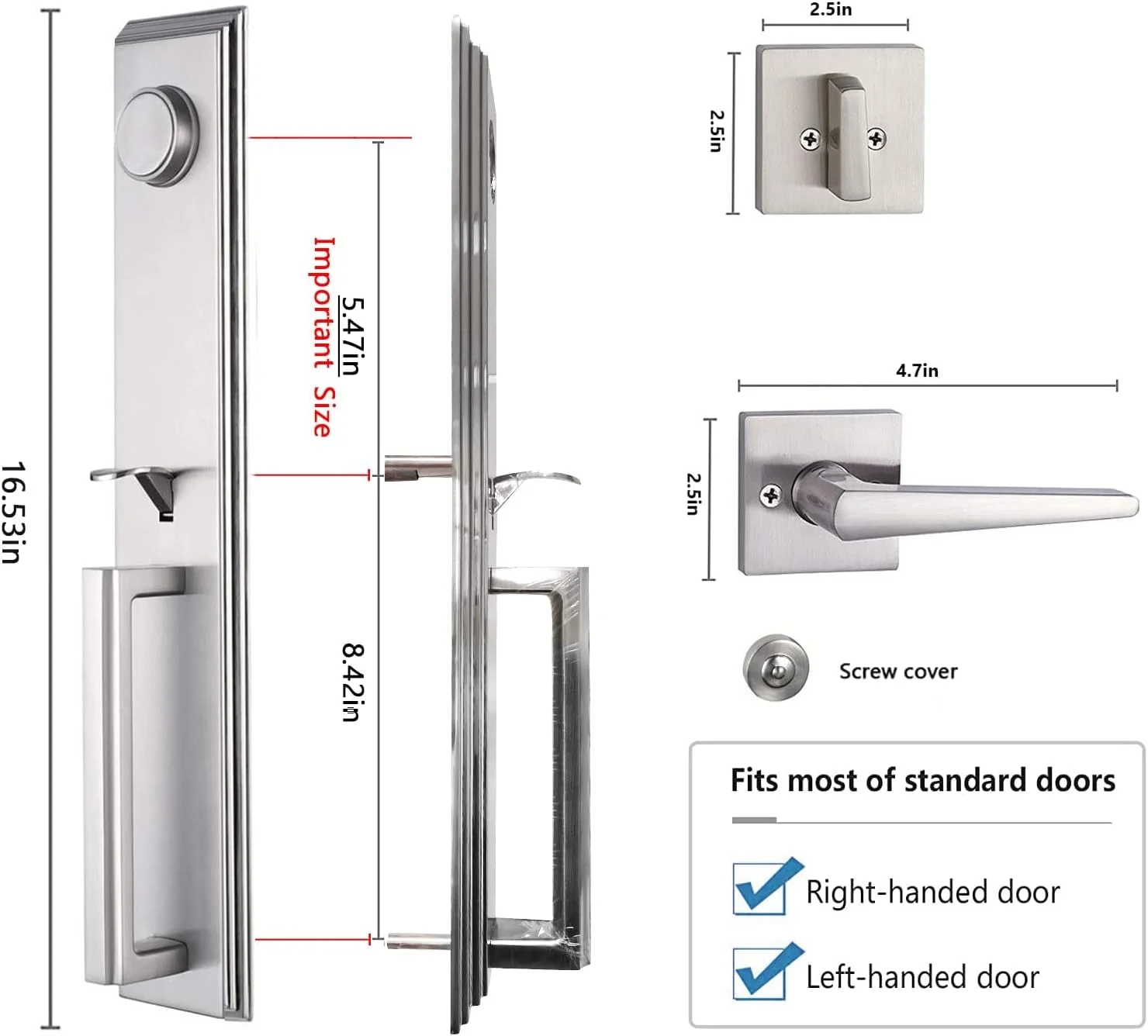 دستگیره دوتایی نقره ای برای درب ورودی اصلی به همراه دستگیره ثابت (غیر فعال) مناسب برای درب فرانسوی مدل 2011SN (دستگیره کلید خور و دستگیره ثابت)