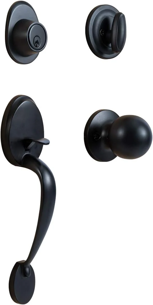 دستگیره و قفل درب ورودی مکسکیوریتی، سیلندر تکی، نصب آسان با دستگیره گرد و مجموعه دستگیره قفل سیلندر تکی با روکش مشکی