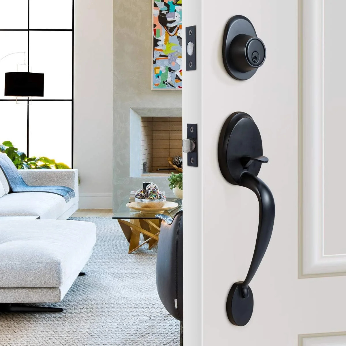 دستگیره و قفل درب ورودی مکسکیوریتی، سیلندر تکی، نصب آسان با دستگیره گرد و مجموعه دستگیره قفل سیلندر تکی با روکش مشکی دستگیره و قفل درب ورودی مکسکیوریتی، سیلندر تکی، نصب آسان با دستگیره گرد و مجموعه دستگیره قفل سیلندر تکی با روکش مشکی