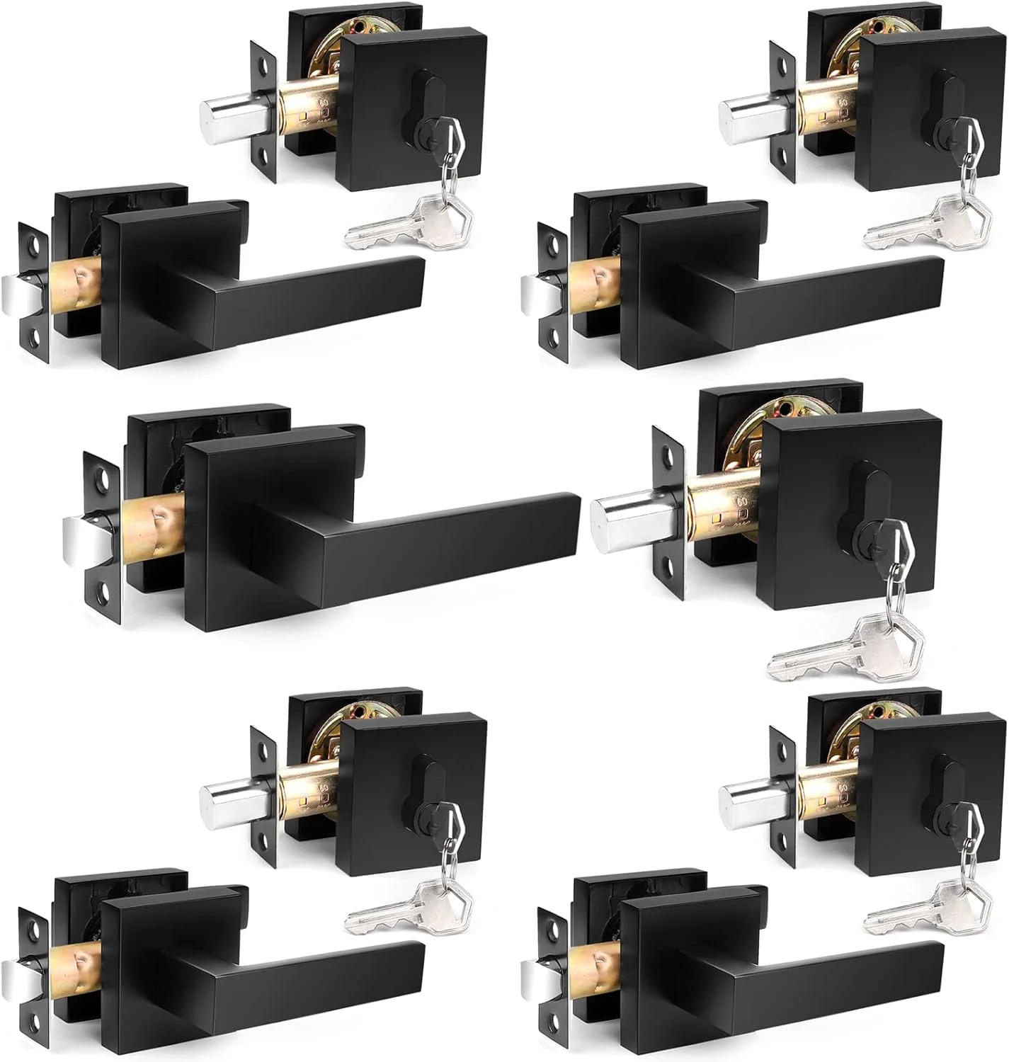 دستگیره اهرمی درب راهرو مشکی مات پروبریكو با قفل سیلندر تکی، ست دستگیره قفل مربعی مدرن، دستگیره درب بیرونی و ست قفل، دستگیره اهرمی درب بیرونی بسته 5 عددی