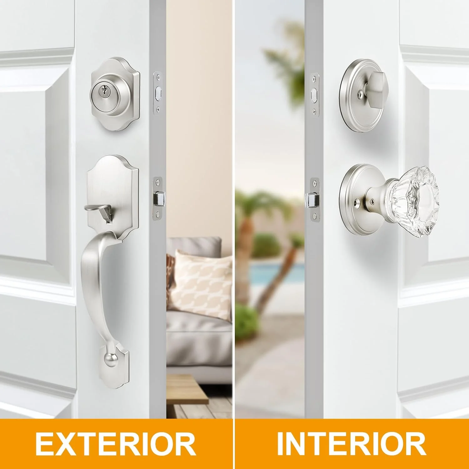 دستگیره درب ورودی newliplace با قفل سیلندر تکی و دستگیره شیشه ای کریستالی، ست قفل درب ورودی قابل تنظیم نیکل برس خورده با قفل دستگیره درب ورودی newliplace با قفل سیلندر تکی و دستگیره شیشه ای کریستالی، ست قفل درب ورودی قابل تنظیم نیکل برس خورده با قفل