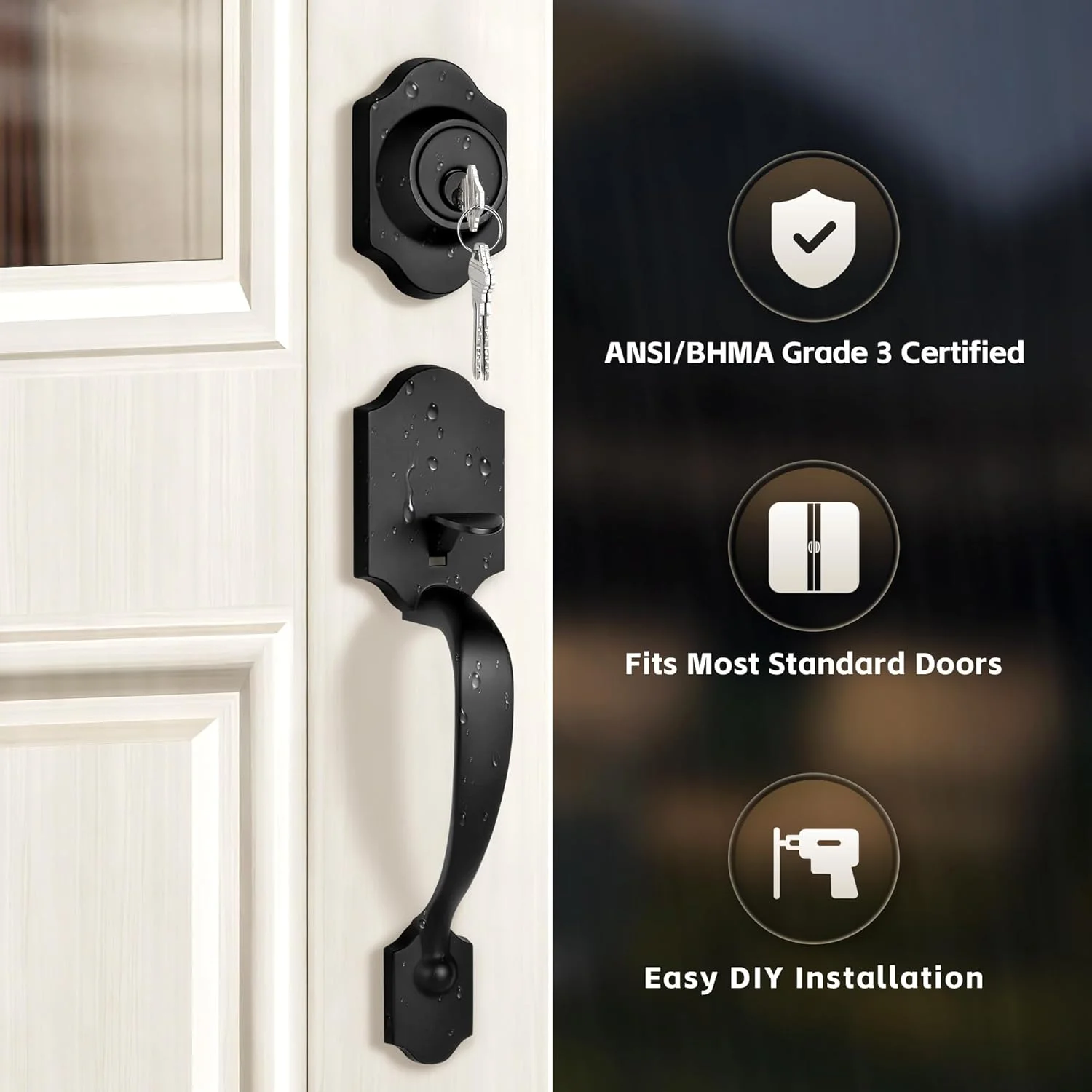 دستگیره دوتایی درب ورودی با قفل Deadbolt - دستگیره ورودی کلاسیک مشکی مات با اهرم برگشت پذیر، آلیاژ روی، ست قفل بیرونی دستگیره دوتایی درب ورودی با قفل Deadbolt - دستگیره ورودی کلاسیک مشکی مات با اهرم برگشت پذیر، آلیاژ روی، ست قفل بیرونی