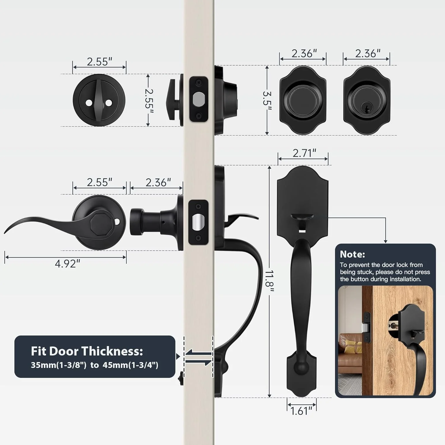 دستگیره دوتایی درب ورودی با قفل Deadbolt - دستگیره ورودی کلاسیک مشکی مات با اهرم برگشت پذیر، آلیاژ روی، ست قفل بیرونی دستگیره دوتایی درب ورودی با قفل Deadbolt - دستگیره ورودی کلاسیک مشکی مات با اهرم برگشت پذیر، آلیاژ روی، ست قفل بیرونی