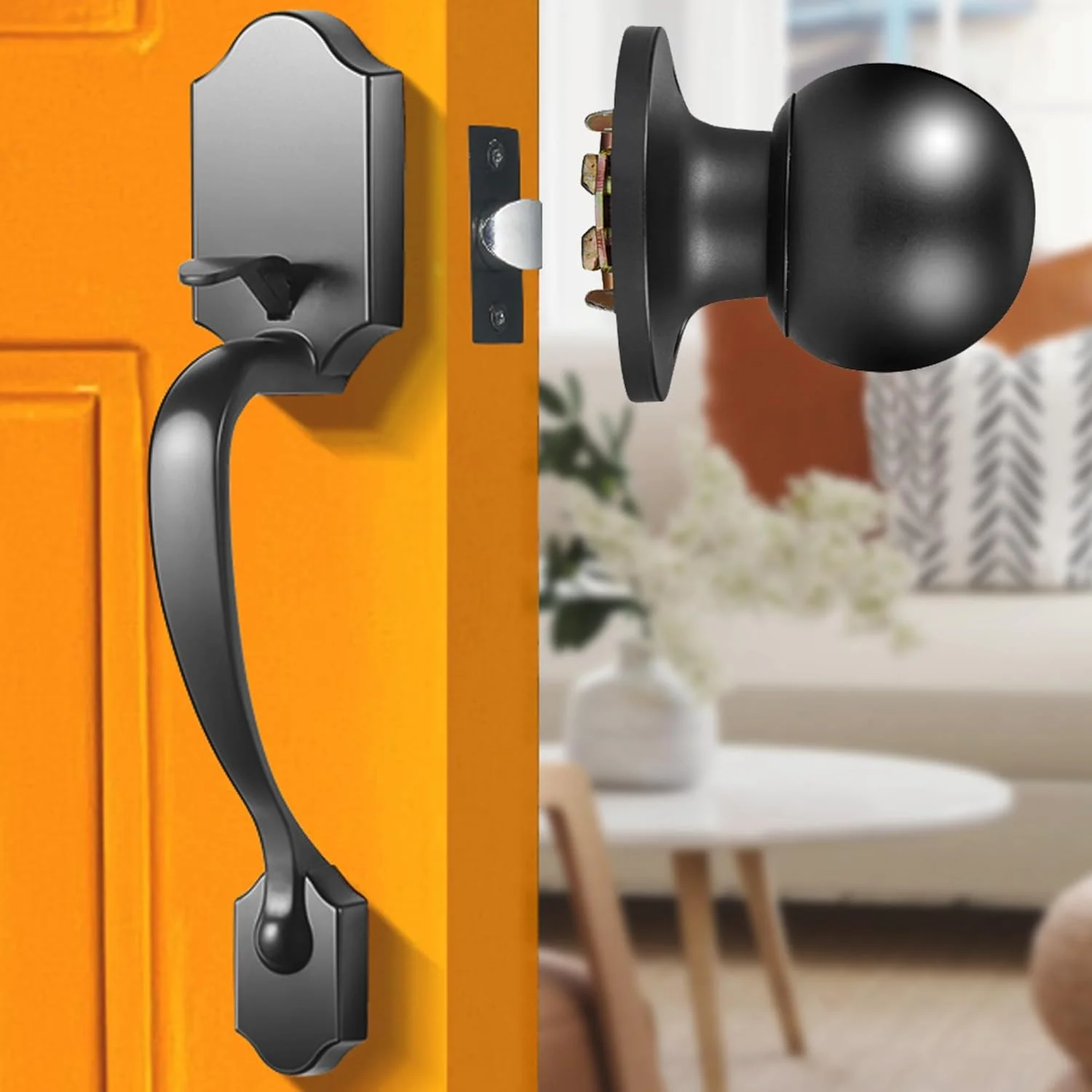 دستگیره درب ورودی Elemake، ست دستگیره درب بیرونی با دستگیره گرد، دستگیره درب ورودی مشکی بدون قفل، ست دستگیره ورودی داخلی با اهرم برگشت پذیر، روکش مشکی مات ORB، اندازه بزرگ قابل تنظیم ارتقا یافته