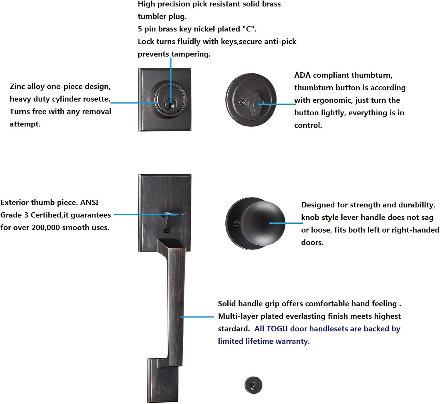 دستگیره اهرمی درب ورودی TOGU HS14L با سیلندر تکی و روکش برنز روغنی، قفل درب ورودی محکم و بادوام مناسب برای درب های بیرونی منزل دستگیره اهرمی درب ورودی TOGU HS14L با سیلندر تکی و روکش برنز روغنی، قفل درب ورودی محکم و بادوام مناسب برای درب های بیرونی منزل