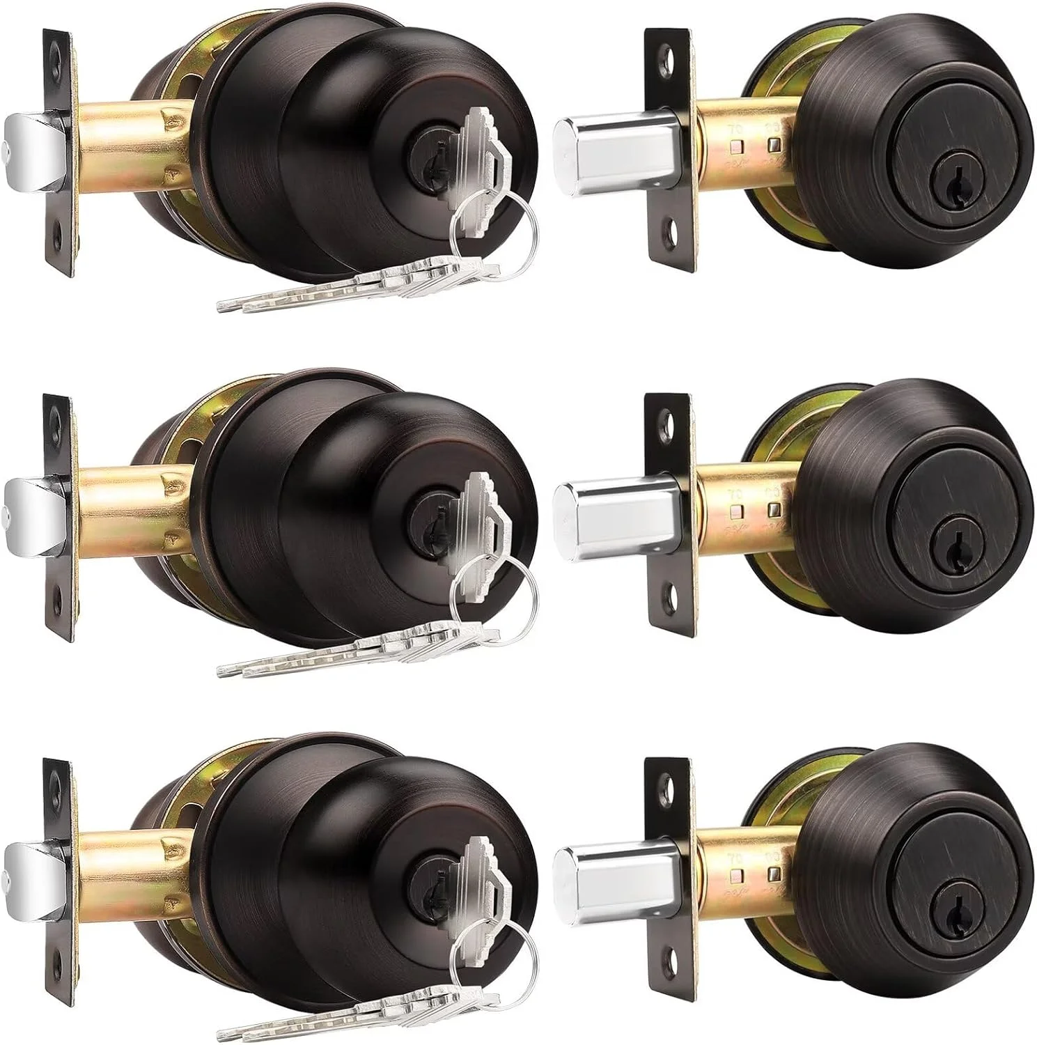 پروبریكو - دستگیره درب ورودی برنزی روغنی با قفل دوتایی سیلندر، بسته ترکیبی، دستگیره های همسان برای درب ورودی و درب جلو، سخت افزار درب داخلی و خارجی، بسته پیمانکار