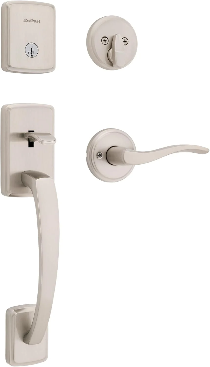 دستگیره و قفل درب ورودی Kwikset Brentford، دستگیره اهرمی برگشت پذیر Sedona، نیکل ساتن، قفل ضد سرقت SmartKey Rekey، با محافظت Microban