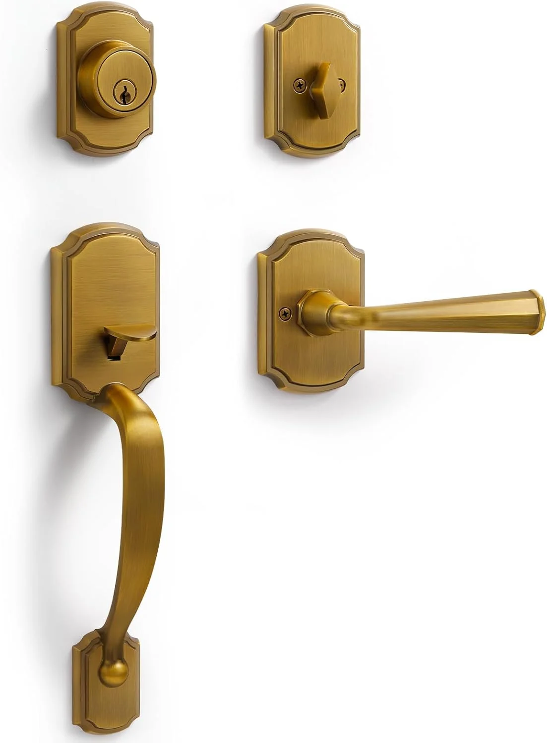 ست دستگیره درب ورودی برنجی عتیقه SORWDUERM شامل دستگیره اهرمی برگشت پذیر و قفل سیلندر تکی به همراه کلید