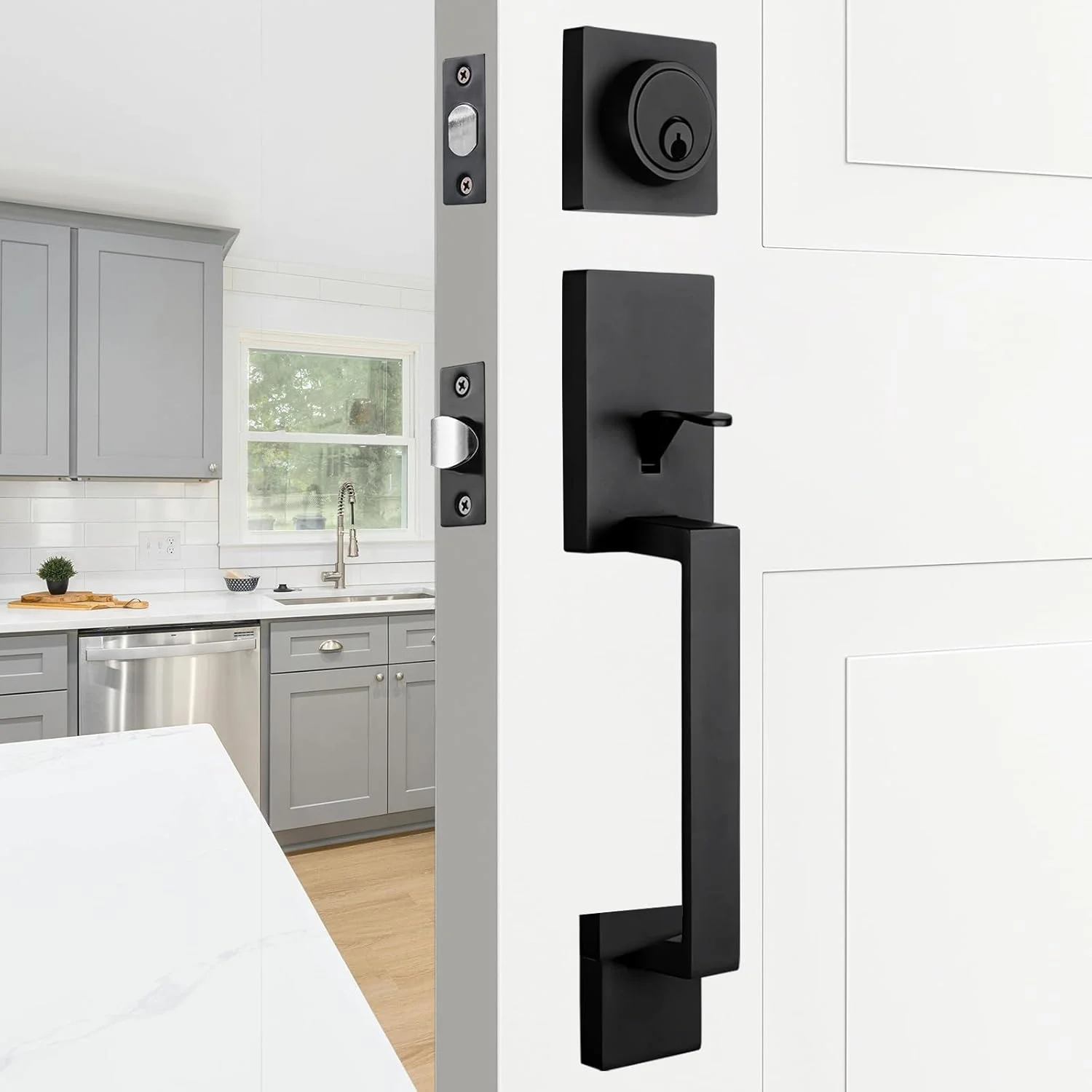 دستگیره اهرمی مشکی با قفل سیلندر تکی و دستگیره درب Halifax با عملکرد کلید یکسان (یک عدد دستگیره کلیددار)