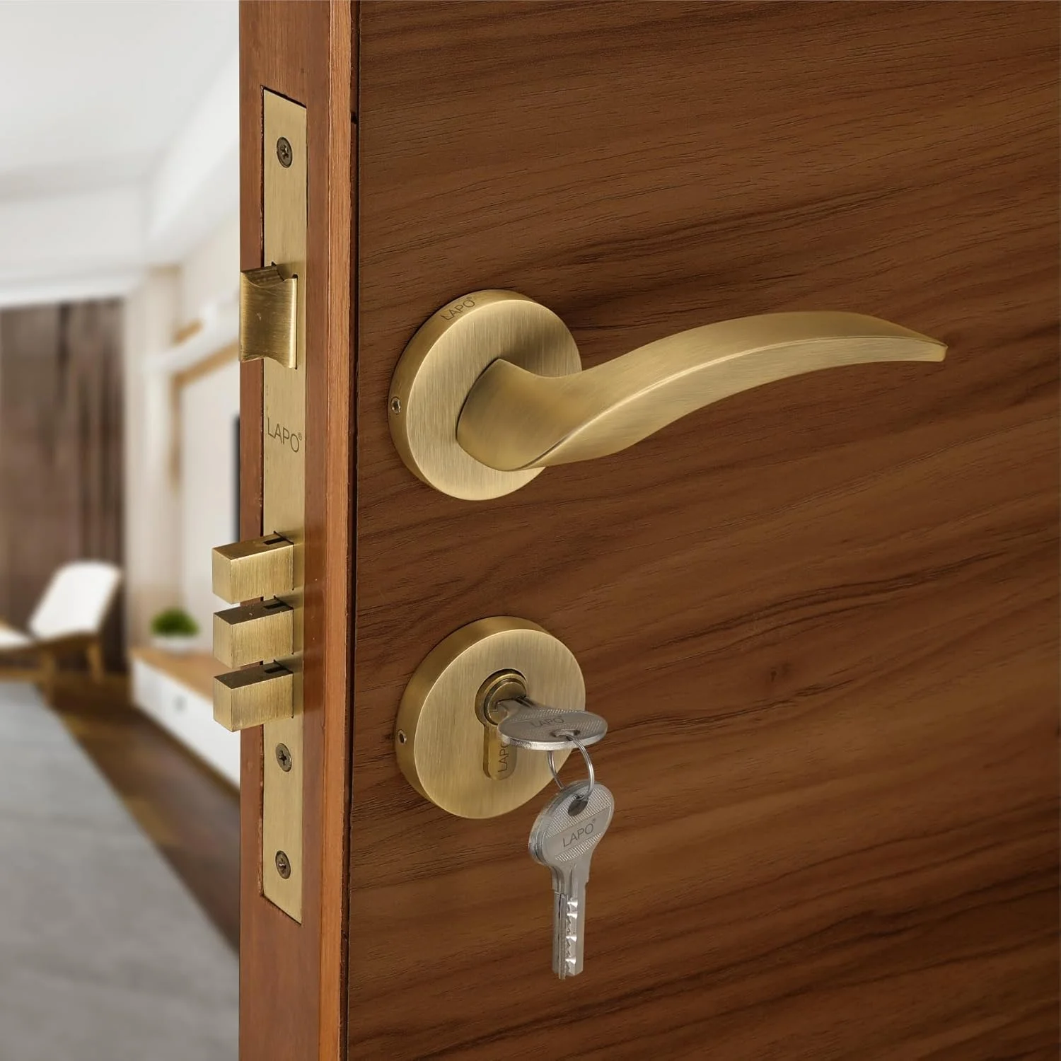 قفل درب ورودی و اتاق خواب LAPO مدل سنگین و تمام برنجی، دستگیره قفل درب به همراه بدنه قفل، قفل درب اصلی برای خانه و اداره | پرداخت آنتیک | Ro-115