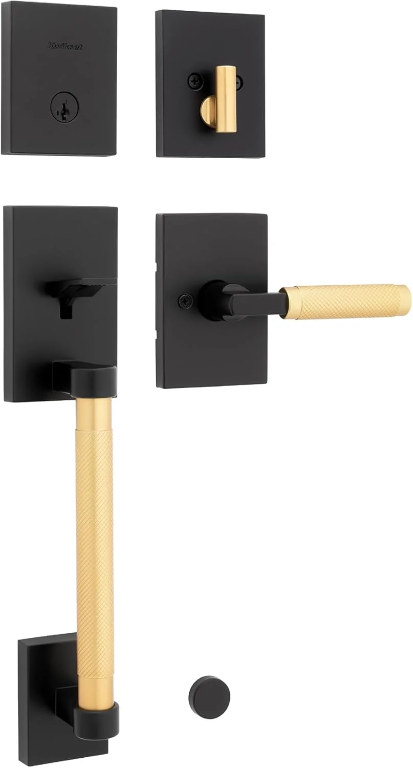 ست دستگیره و قفل درب ورودی Kwikset Prava، دستگیره بیرونی با اهرم برگشت پذیر داخلی، مشکی مات و برنجی ساتن، قفل ضد سرقت SmartKey، با محافظت Microban