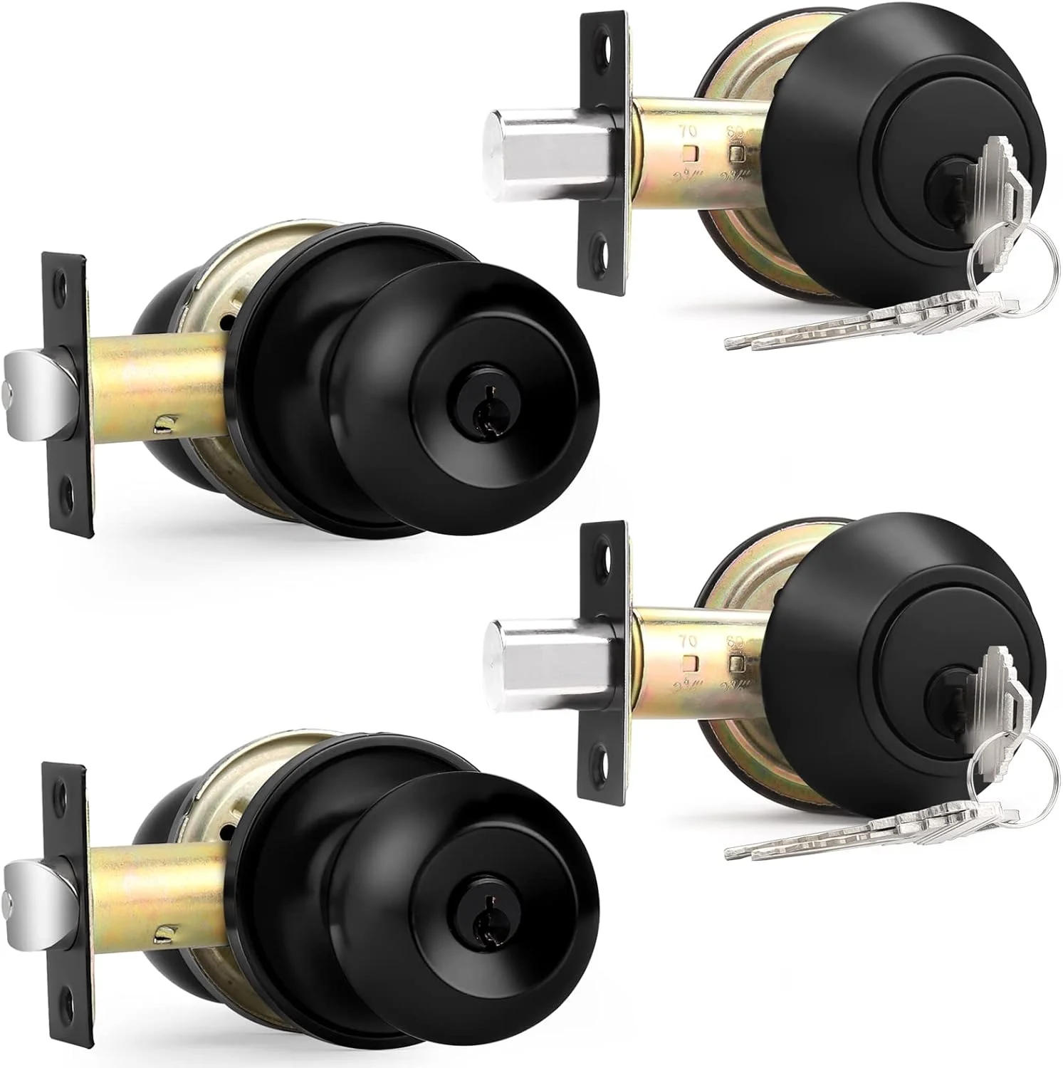 دستگیره دو سیلندر مشکی مات Probrico، بسته ترکیبی دستگیره های ورودی یکسان با قفل های زبانه دار، سخت افزار بیرونی برای درب ورودی، بسته 2 عددی