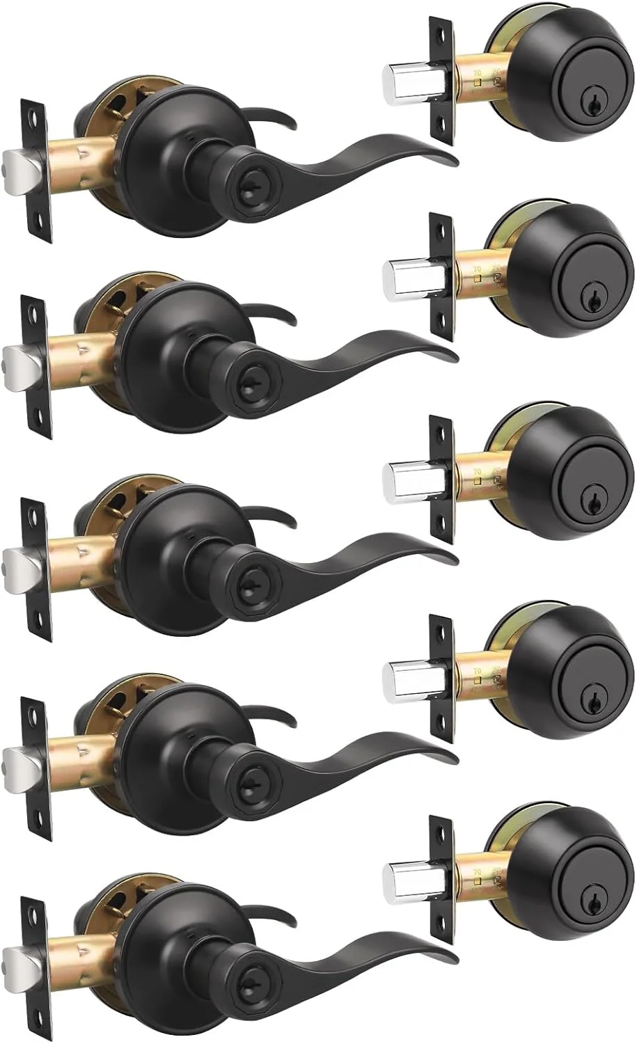 ست دستگیره درب مشکی Gobrico برای درب ورودی بیرونی، دستگیره جهانی، اهرم های موجی و قفل سیلندر تکی مشکی مات - بسته 5 عددی