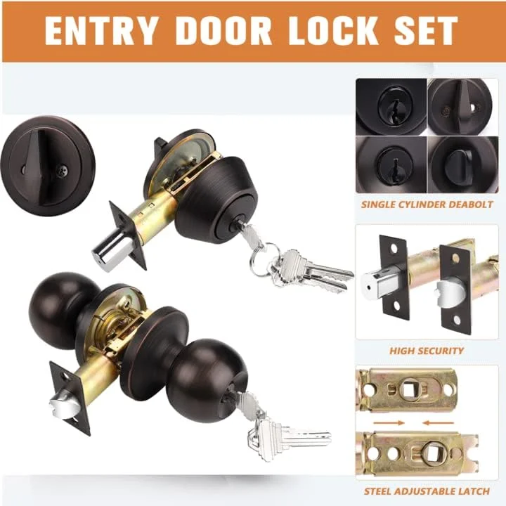 دستگیره درب برنزی روغنی پروبریكو با قفل سیلندر تکی، بسته ترکیبی دستگیره های همسان، قفل برای درب ورودی و دروازه بیرونی، مجموعه 4 عددی دستگیره درب برنزی روغنی پروبریكو با قفل سیلندر تکی، بسته ترکیبی دستگیره های همسان، قفل برای درب ورودی و دروازه بیرونی، مجموعه 4 عددی