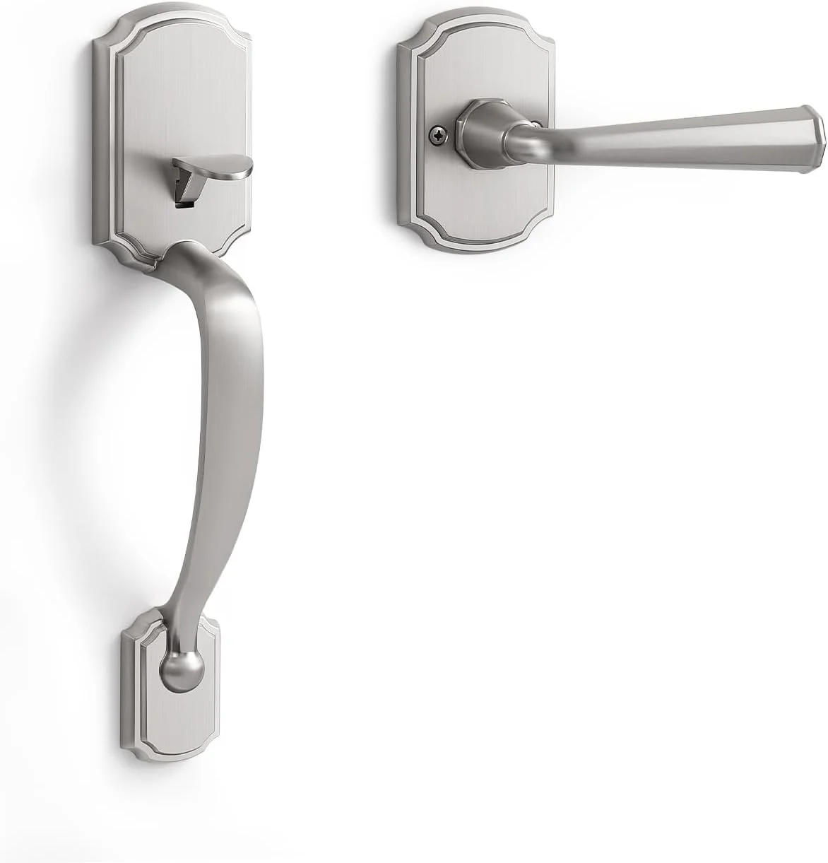 دستگیره درب ورودی نیکل برس خورده SORWDUERM، اهرم برگشت پذیر، بدون قفل، ست دستگیره، دستگیره درب ورودی تک سیلندر