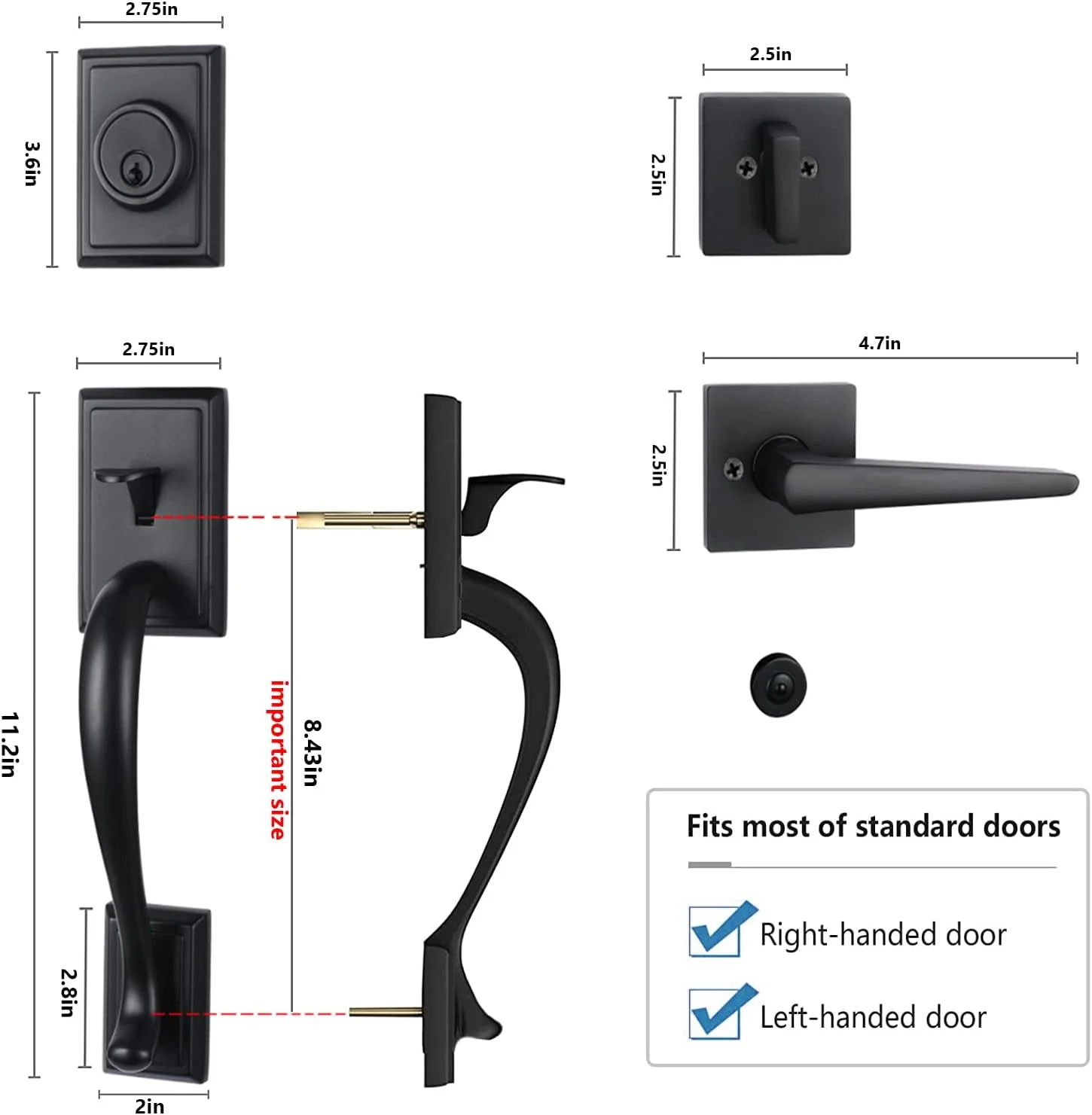 دستگیره ورودی مشکی مات و قفل درب ورودی، قفل سیلندر تکی مربعی و دستگیره اهرمی برگشت پذیر برای درب های راست و چپ، سنگین دستگیره ورودی مشکی مات و قفل درب ورودی، قفل سیلندر تکی مربعی و دستگیره اهرمی برگشت پذیر برای درب های راست و چپ، سنگین