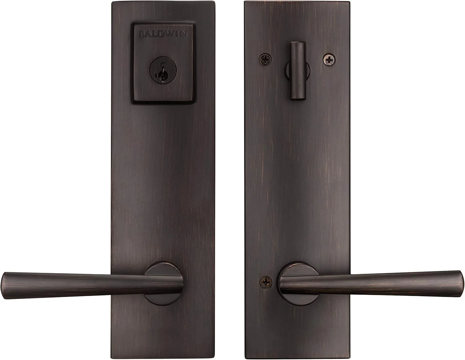 دستگیره ورودی تک سیلندر Kwikset 91830-002 Spyglass با امنیت SmartKey، سری Prestige با دستگیره مدرن و باریک و اهرم مربعی، سپر کامل، رنگ برنز ونیزی