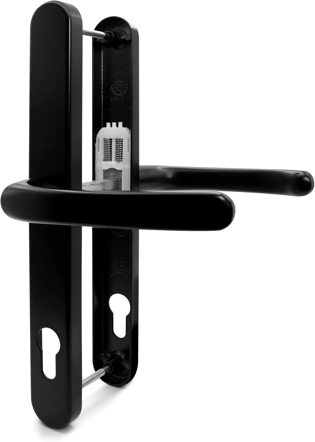 ست دستگیره درب دوجداره مشکی، 92 میلی متر PZ (مرکز)، فنردار، اهرمی، 240 میلی متر پیچ به پیچ (مرکز پیچ)، صفحه پشتی 270 میلی متر در 32 میلی متر - دستگیره درب PVC جایگزین مشکی