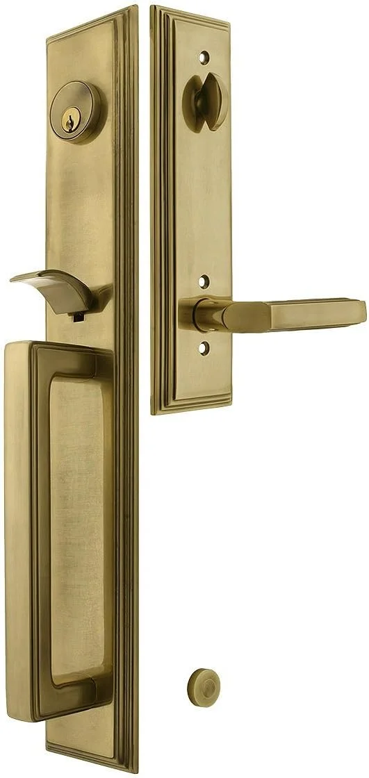 دستگیره لوله ای Emtek مدل Melrose، جنس برنج عتیقه، اهرم Milano سمت چپ و بک‌ست 2 3/8 اینچ. دستگیره های عتیقه.