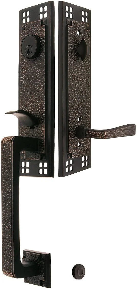 دستگیره لوله ای سبک هنرهای دستی Emtek با روکش برنز روغنی و اهرم های چکش خورده دست چپ و بک ست 2 3/8 اینچی. دستگیره های درب عتیقه.