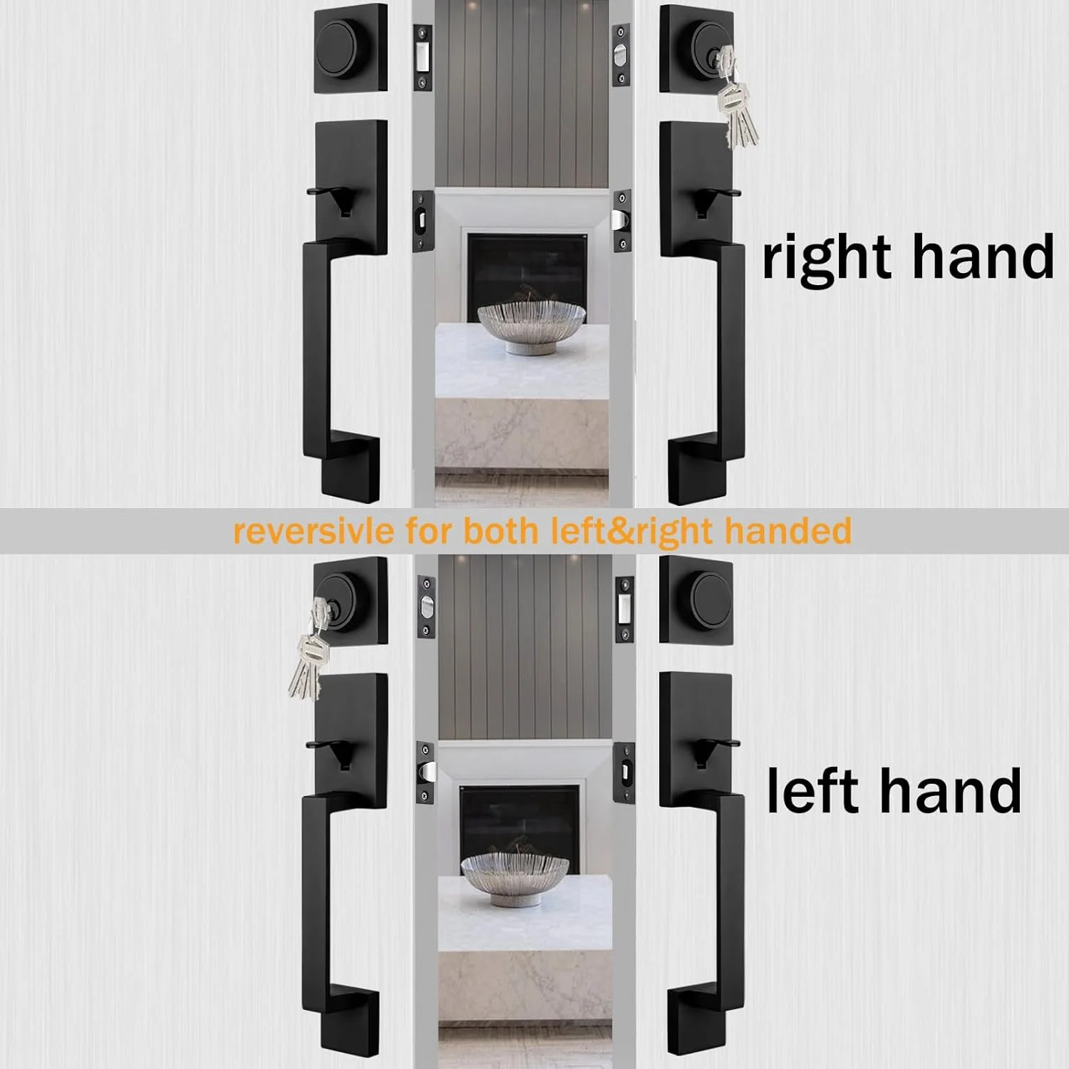 ست دستگیره دو درب مشکی آهنی برای درب ورودی اصلی، دستگیره درب هاليفاكس کلیددار و غیرفعال با قفل زبانه مربعی و اهرم، 2 سیلندر تک کلید مشابه، قابل برگشت ست دستگیره دو درب مشکی آهنی برای درب ورودی اصلی، دستگیره درب هاليفاكس کلیددار و غیرفعال با قفل زبانه مربعی و اهرم، 2 سیلندر تک کلید مشابه، قابل برگشت