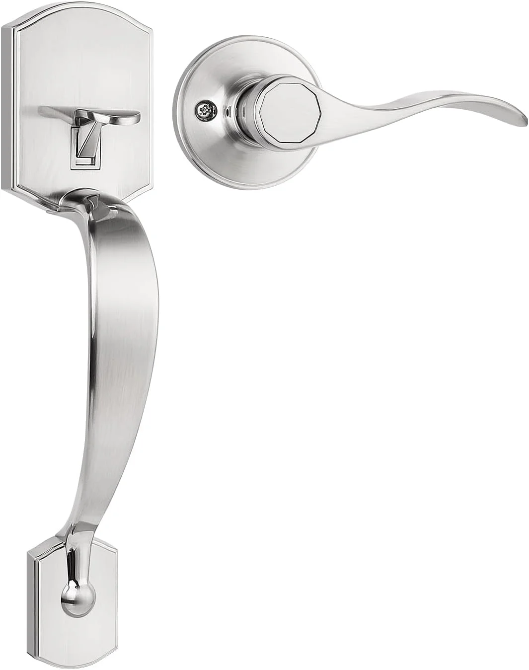 دستگیره نیم ست پایین تی نوا Camelot، دستگیره درب ورودی ارتقا یافته با اهرم موجی برجسته برای صفحه کلید الکترونیکی با اهرم داخلی چپ گرد، پرداخت نیکل برس خورده