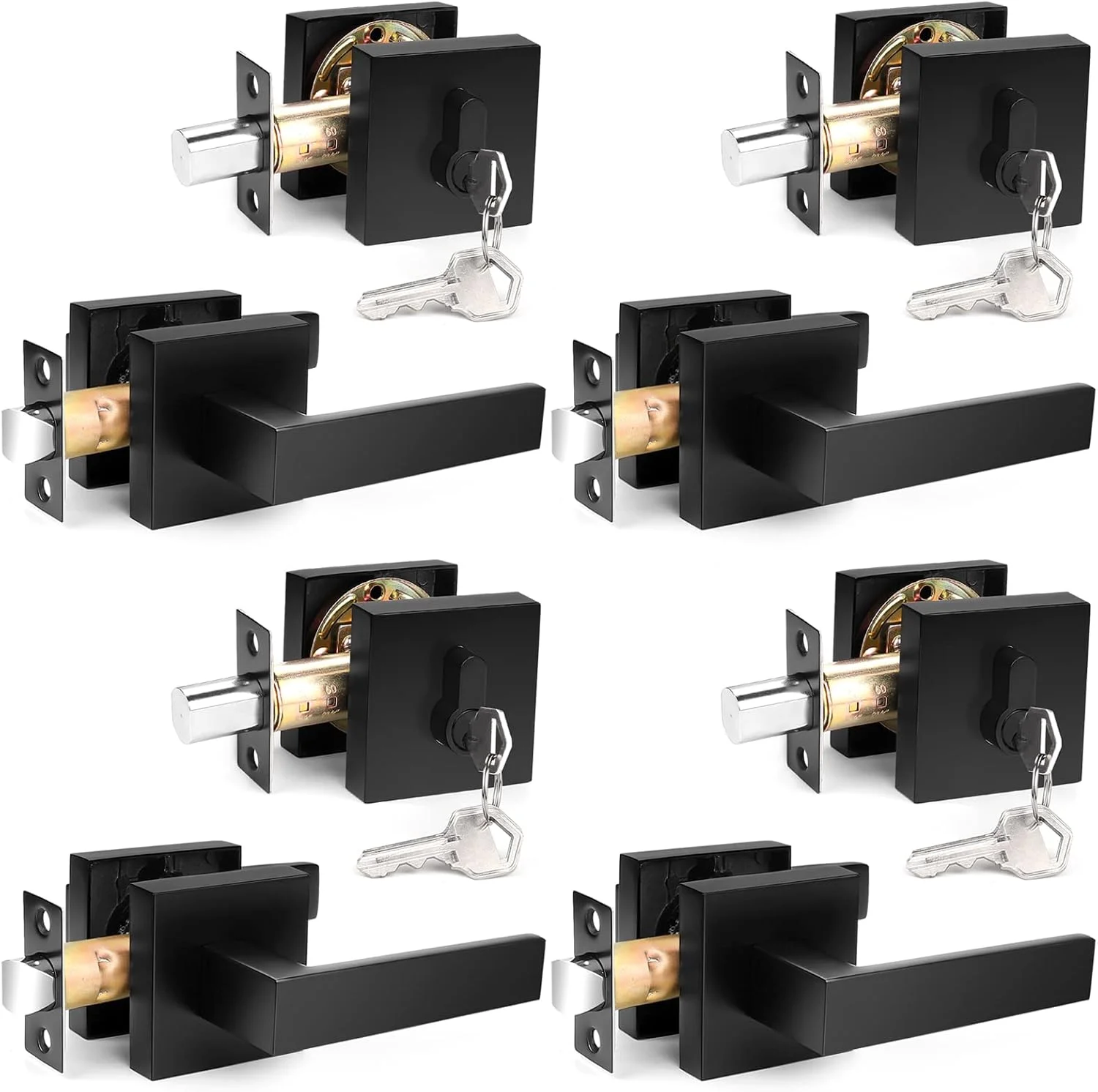 دستگیره اهرمی درب راهرو مشکی مات پروبریكو به همراه قفل سیلندر تکی، ست دستگیره قفل مربعی مدرن، دستگیره درب بیرونی و ست قفل، دستگیره اهرمی درب بیرونی بسته 4 عددی