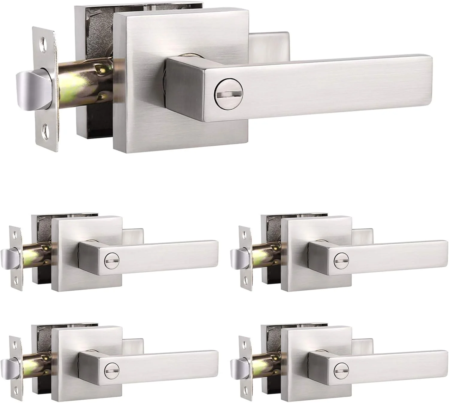 دستگیره اهرمی قفل‌دار مربعی شکل مناسب اتاق خواب و سرویس بهداشتی، رنگ نیکل ساتن، قفل داخلی با دکمه چرخشی - بسته 5 عددی