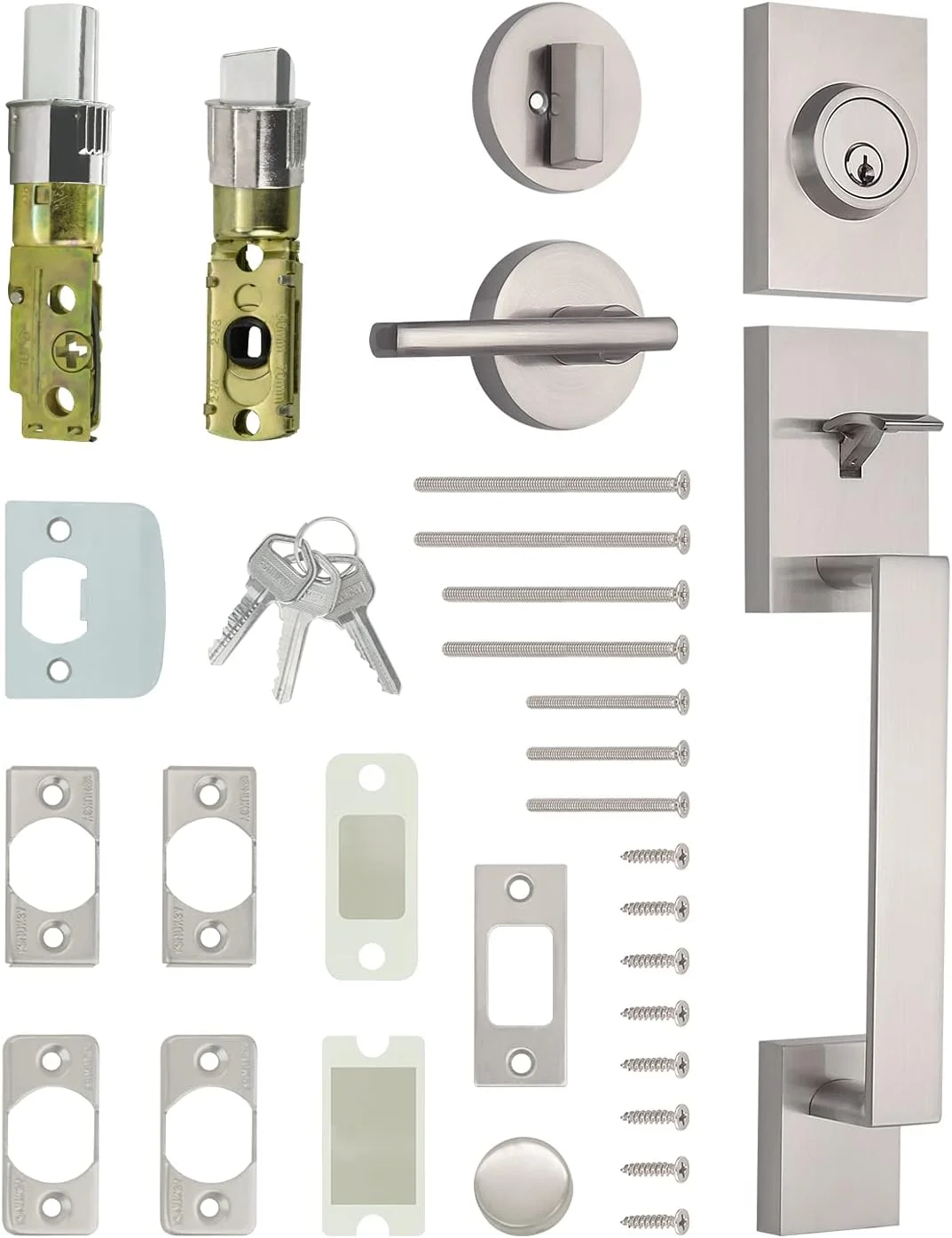 دستگیره مدرن ورودی درب و قفل با دستگیره داخلی برگشت پذیر (دستگیره گرد، نیکل ساتن) دستگیره مدرن ورودی درب و قفل با دستگیره داخلی برگشت پذیر (دستگیره گرد، نیکل ساتن)