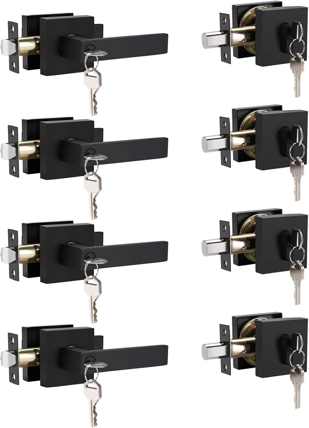 ست دستگیره درب ورودی کلیدخور و قفل دو سیلندر، قفل برگشت پذیر، دستگیره مربع مشکی مات داخلی/خارجی برای اتاق خواب، درب ورودی 4 عددی
