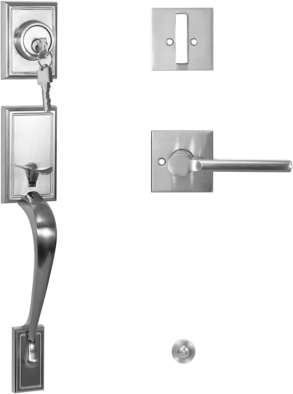 دستگیره درب ورودی TOGU با قفل زبانه دار تک سیلندر نیکل ساتن، قفل درب ورودی مدرن برای درب های بیرونی خانه